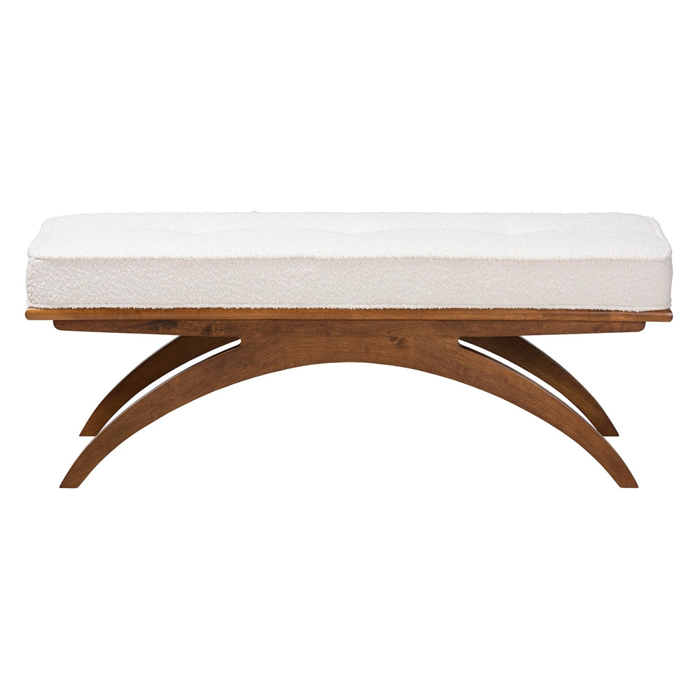 Orella Japandi Cream Boucle Fabric and Walnut Brown Finished Wood Bench