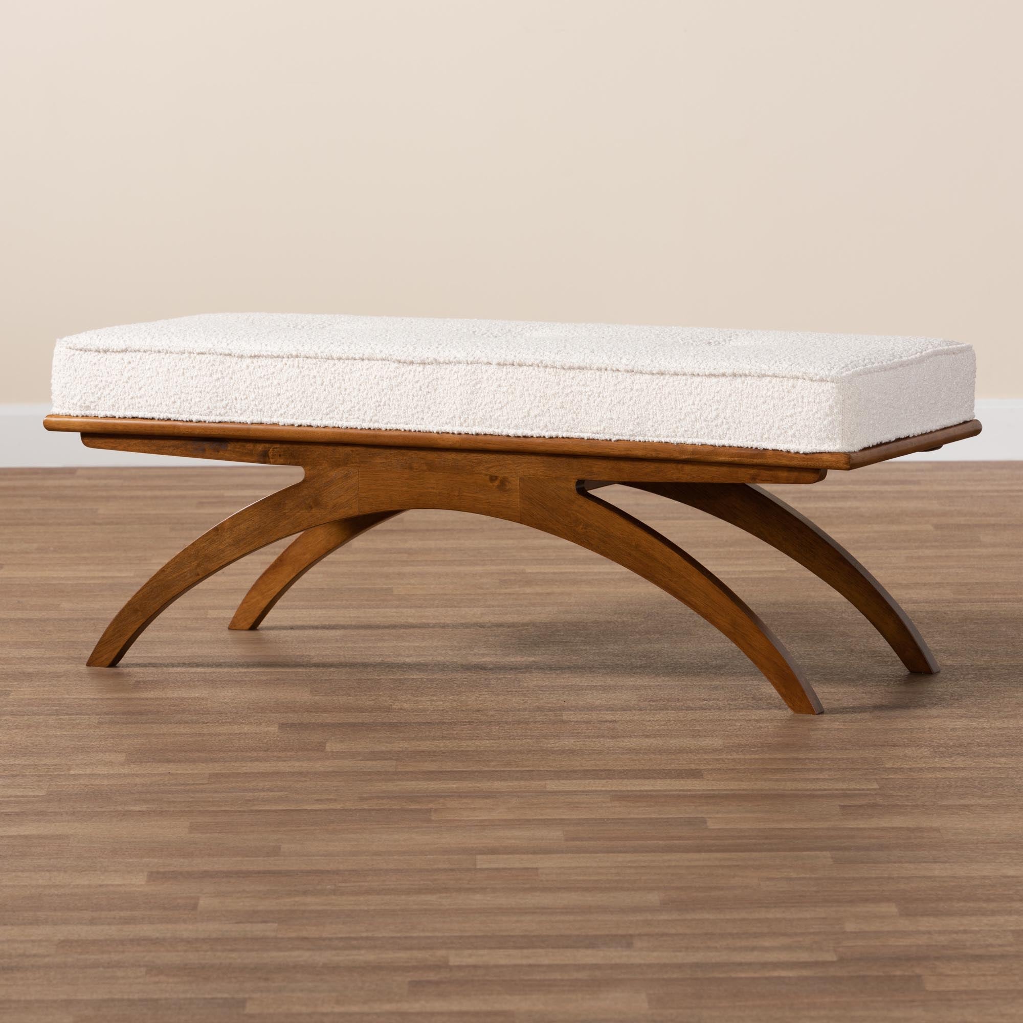 Orella Japandi Cream Boucle Fabric and Walnut Brown Finished Wood Bench