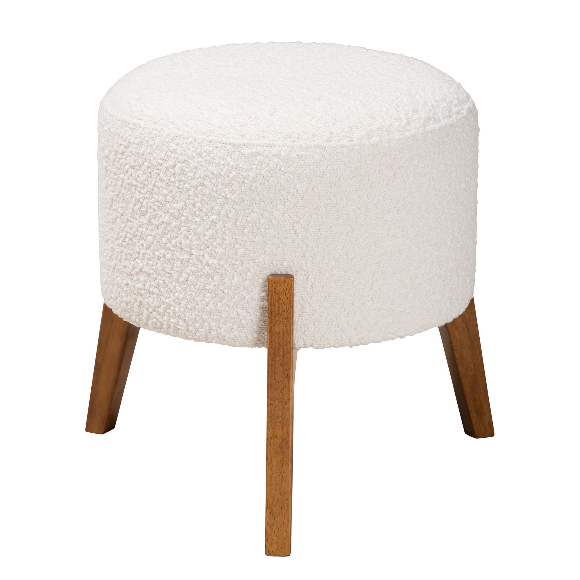 Elkie Japandi Cream Boucle Fabric and Walnut Brown Finished Wood Ottoman Footstool