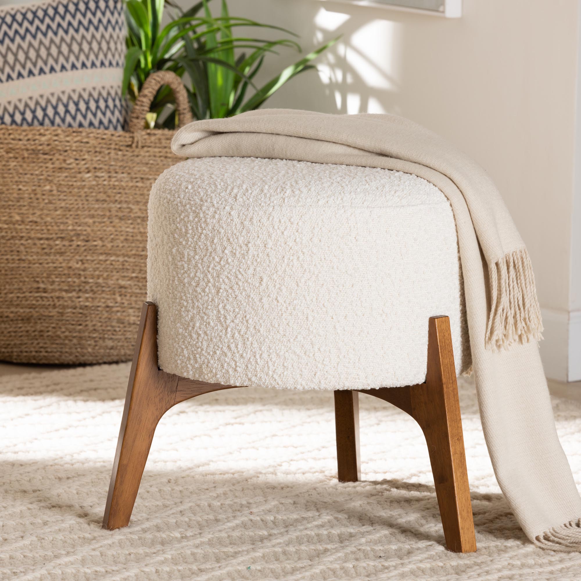 Elkie Japandi Cream Boucle Fabric and Walnut Brown Finished Wood Ottoman Footstool