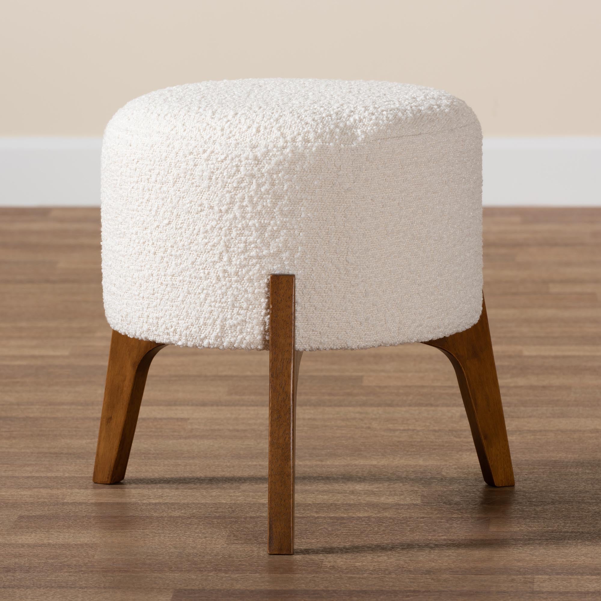 Elkie Japandi Cream Boucle Fabric and Walnut Brown Finished Wood Ottoman Footstool