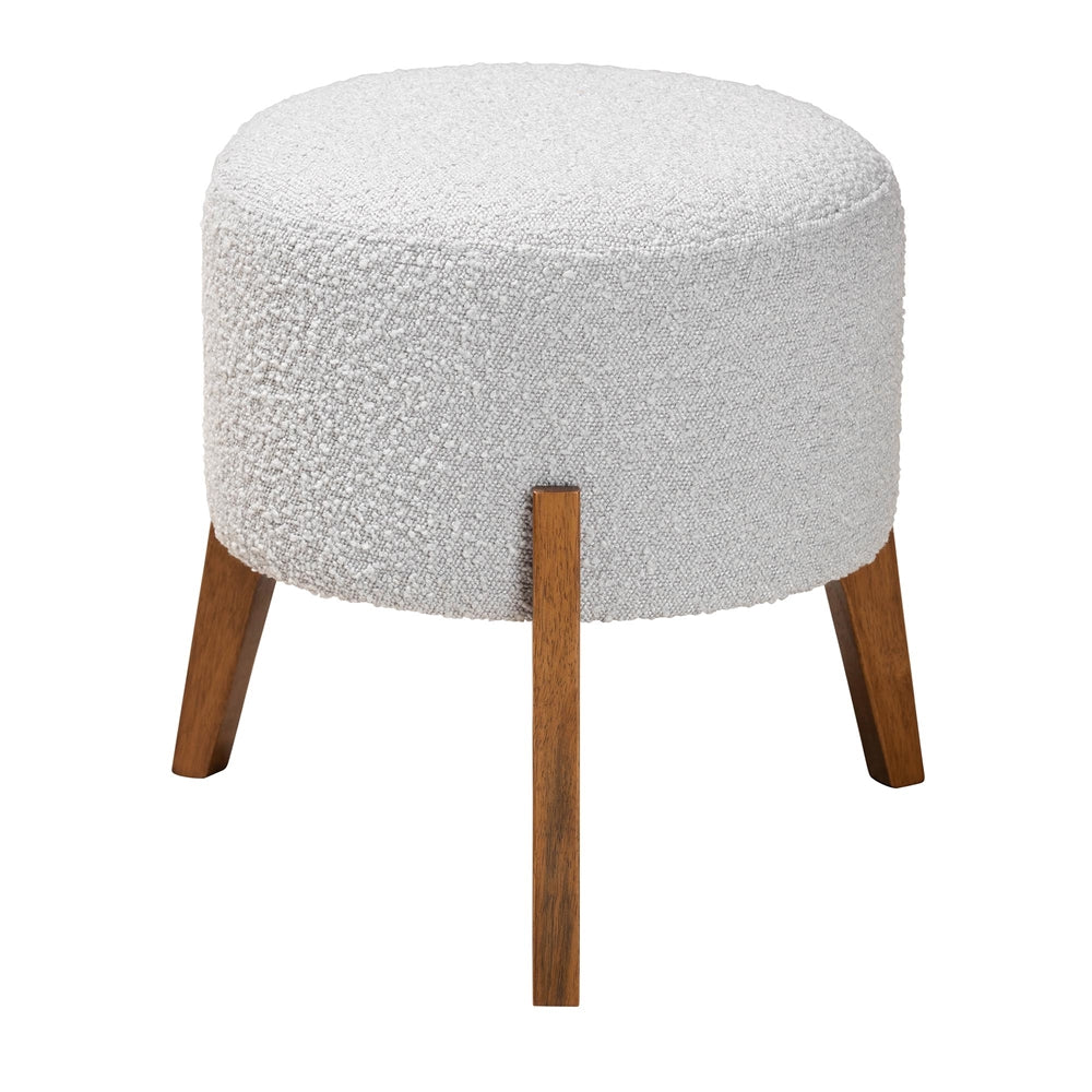 Elkie Japandi Light Grey Boucle Fabric and Walnut Brown Finished Wood Ottoman Footstool