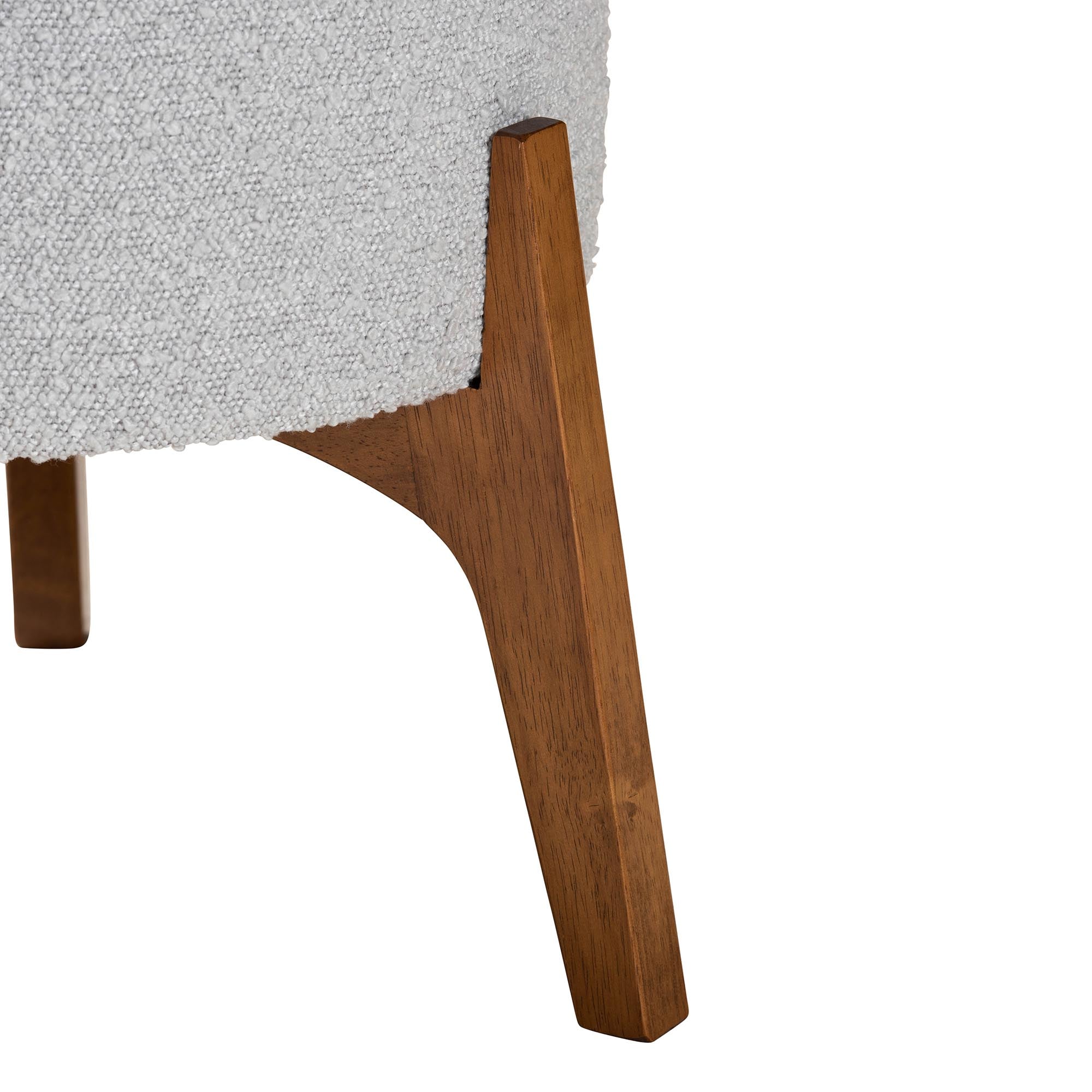 Elkie Japandi Light Grey Boucle Fabric and Walnut Brown Finished Wood Ottoman Footstool