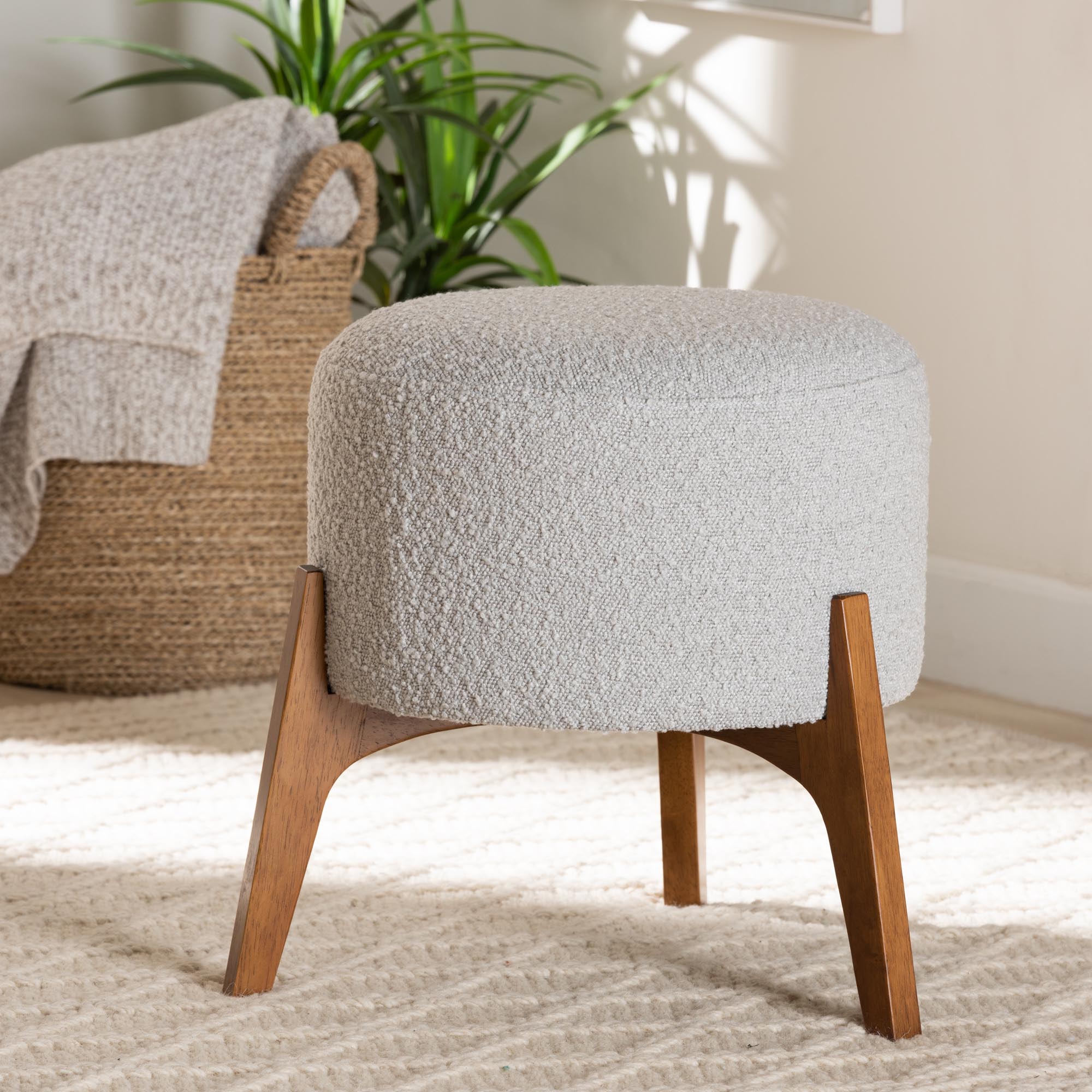 Elkie Japandi Light Grey Boucle Fabric and Walnut Brown Finished Wood Ottoman Footstool