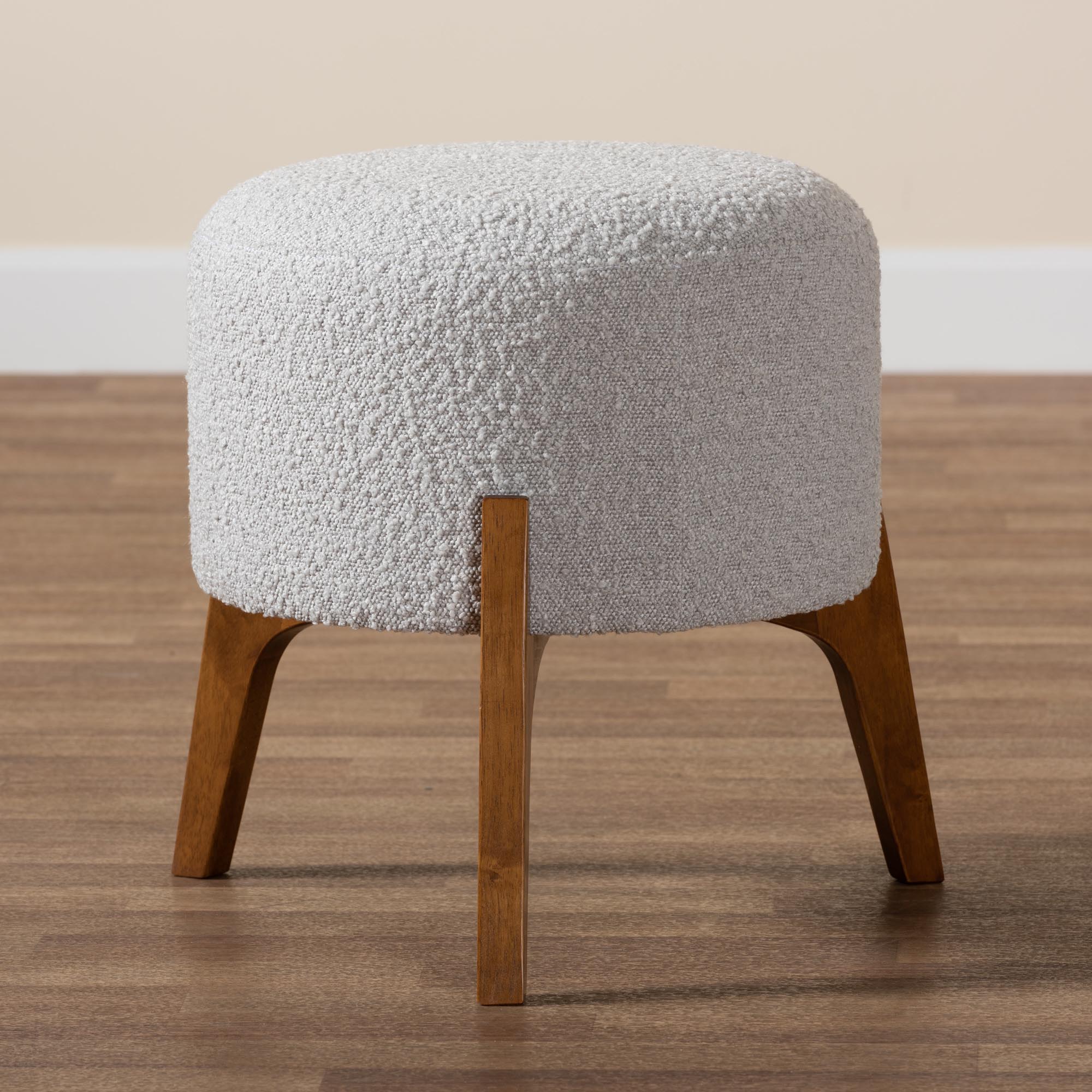Elkie Japandi Light Grey Boucle Fabric and Walnut Brown Finished Wood Ottoman Footstool