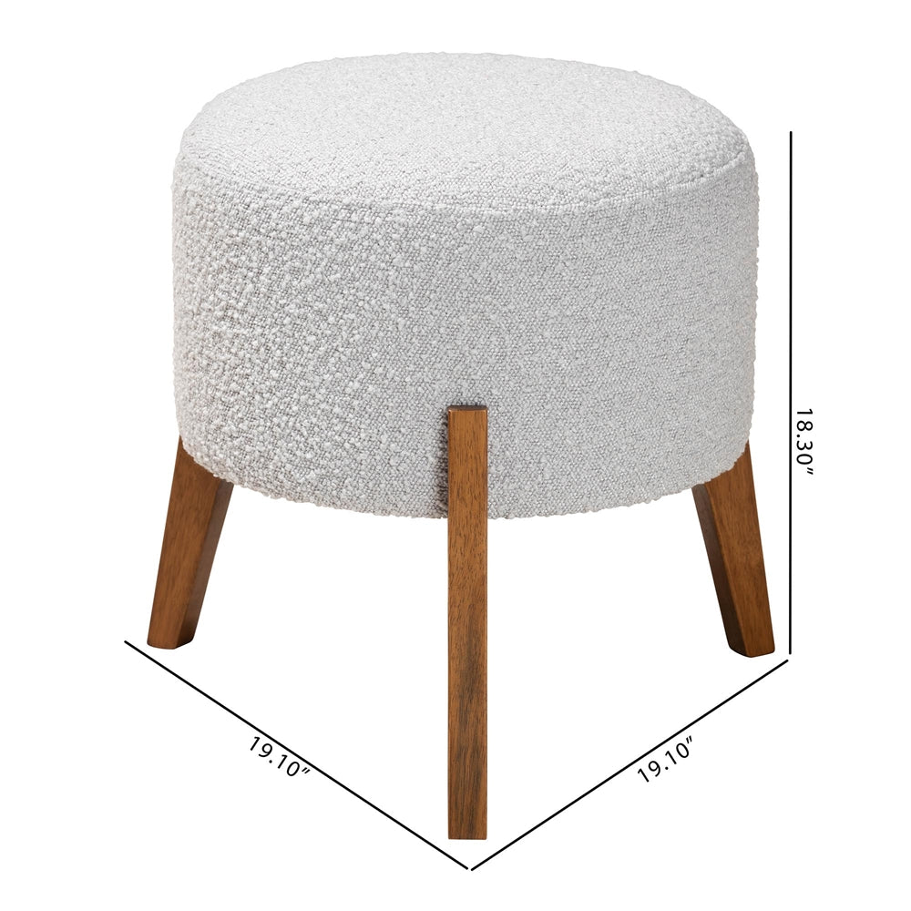 Elkie Japandi Light Grey Boucle Fabric and Walnut Brown Finished Wood Ottoman Footstool