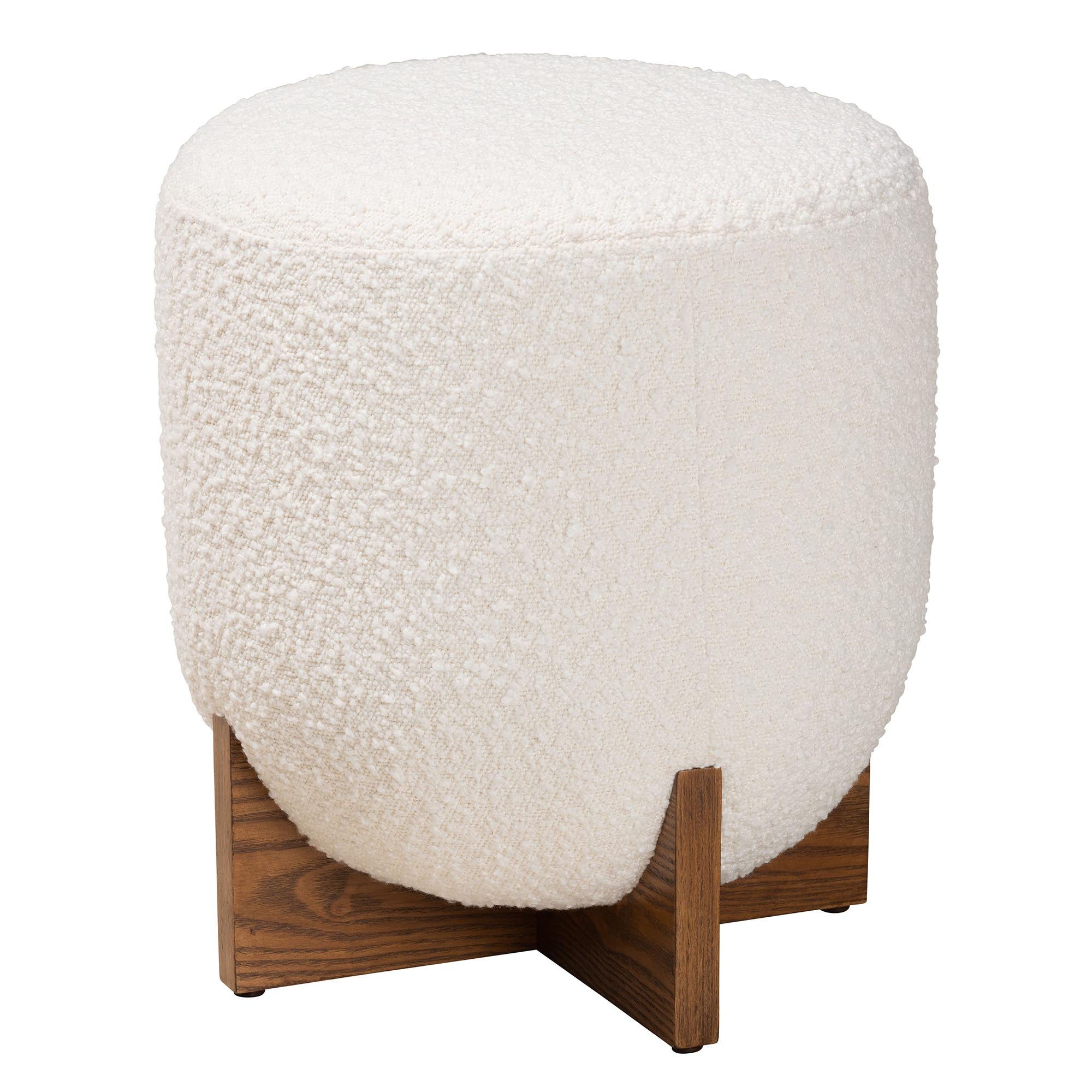 Fisk Japandi Cream Boucle Fabric and Walnut Brown Finished Wood Ottoman Footstool