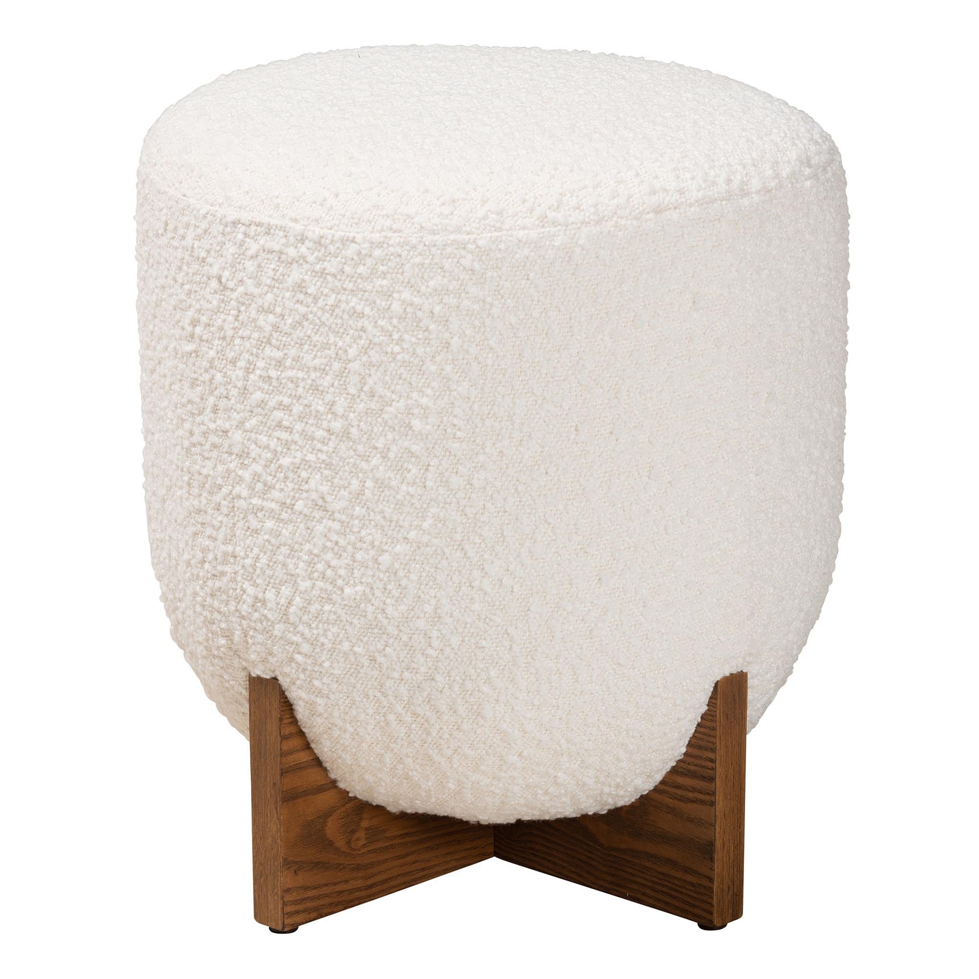 Fisk Japandi Cream Boucle Fabric and Walnut Brown Finished Wood Ottoman Footstool