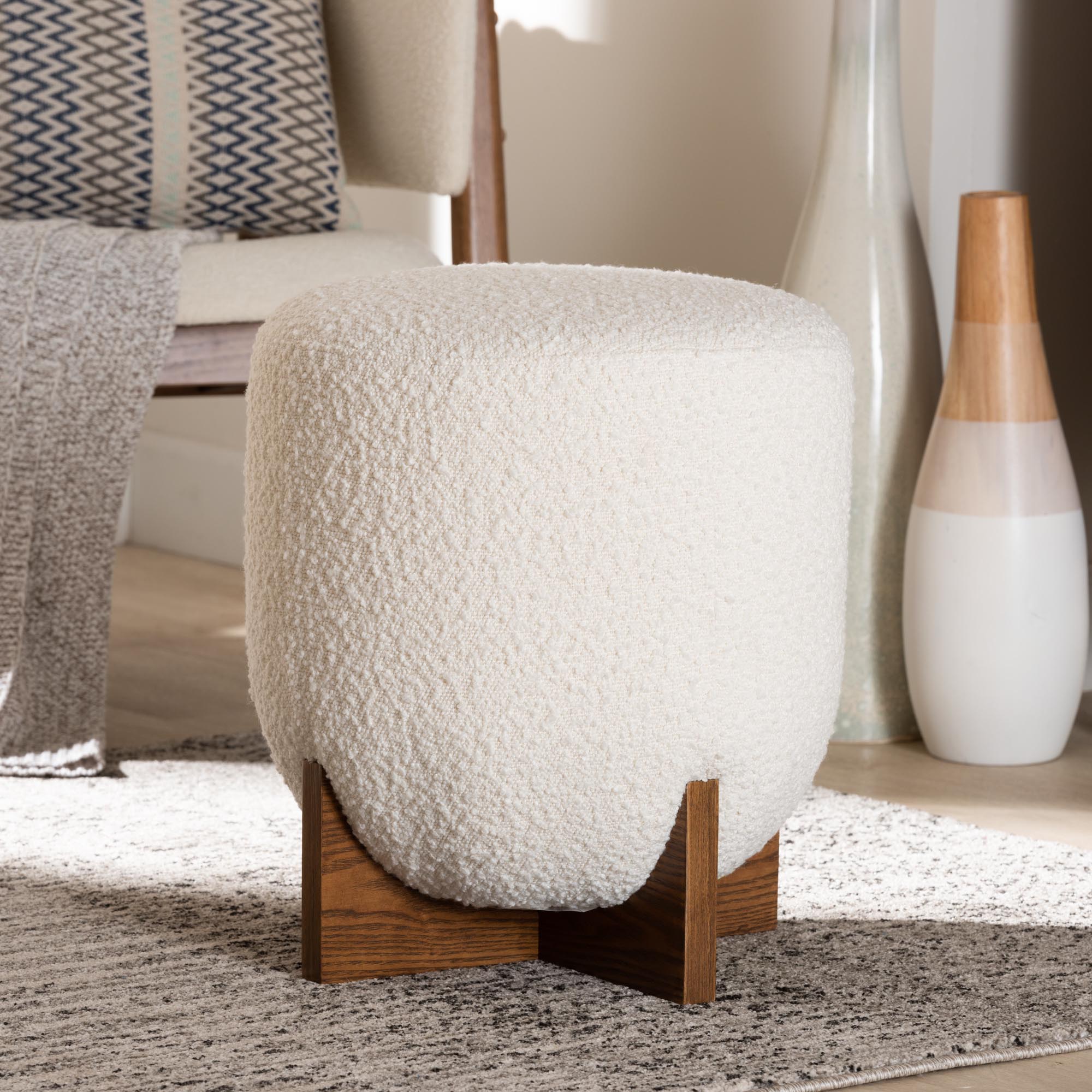 Fisk Japandi Cream Boucle Fabric and Walnut Brown Finished Wood Ottoman Footstool