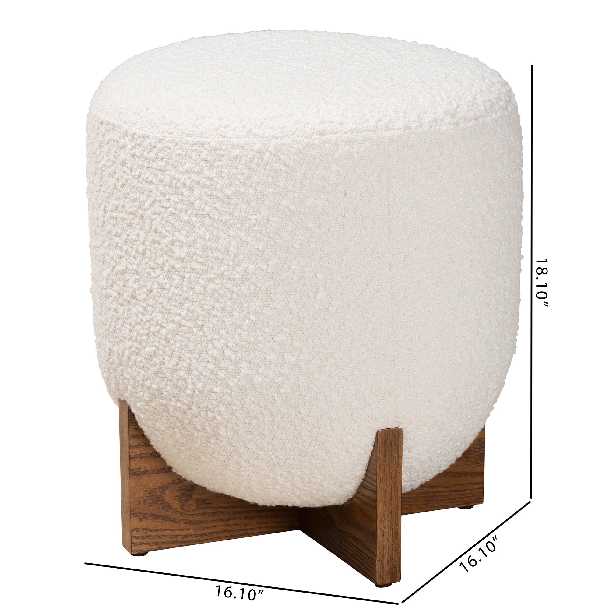 Fisk Japandi Cream Boucle Fabric and Walnut Brown Finished Wood Ottoman Footstool