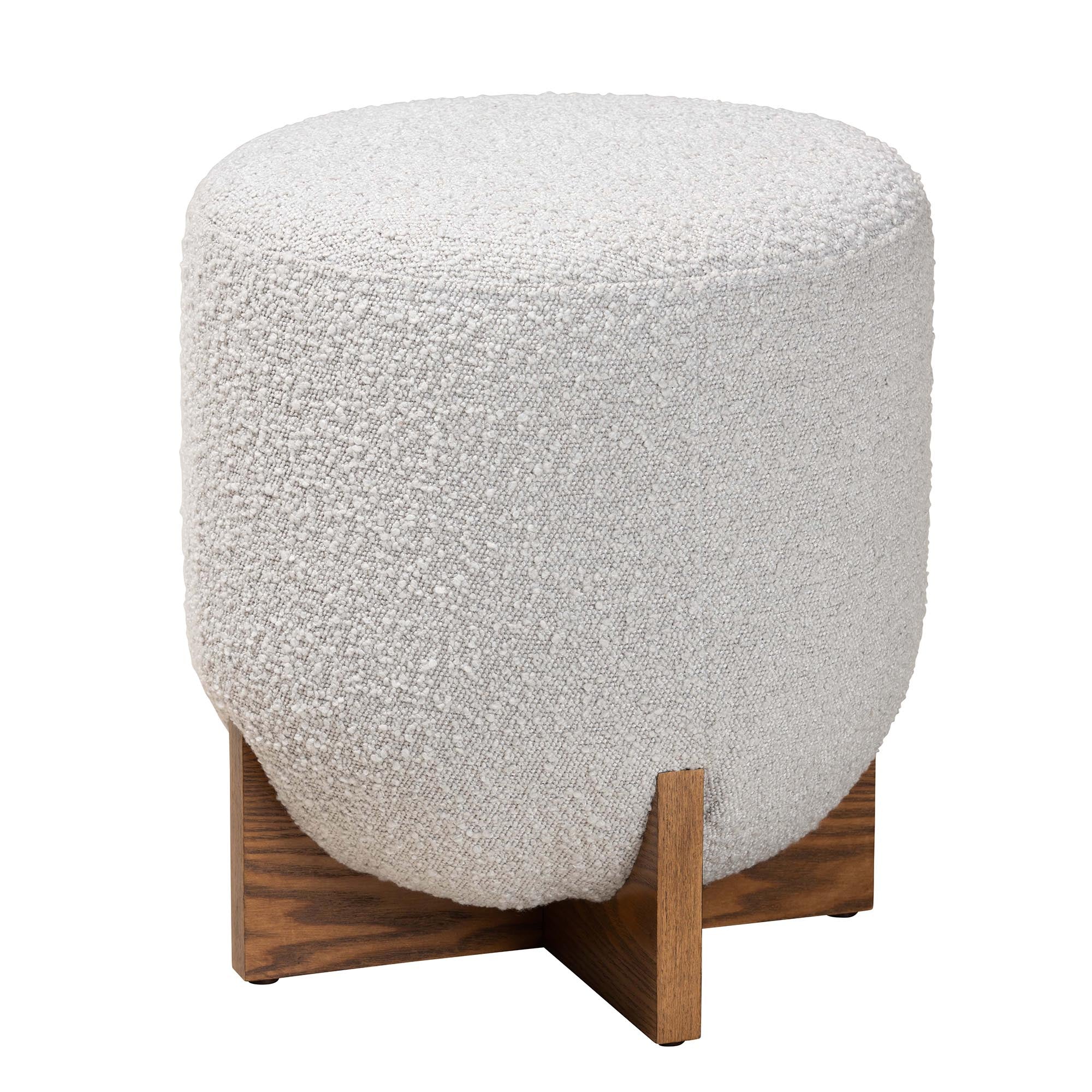 Baxton Studio Fisk Japandi Light Grey Boucle Fabric and Walnut Brown Finished Wood Ottoman Footstool