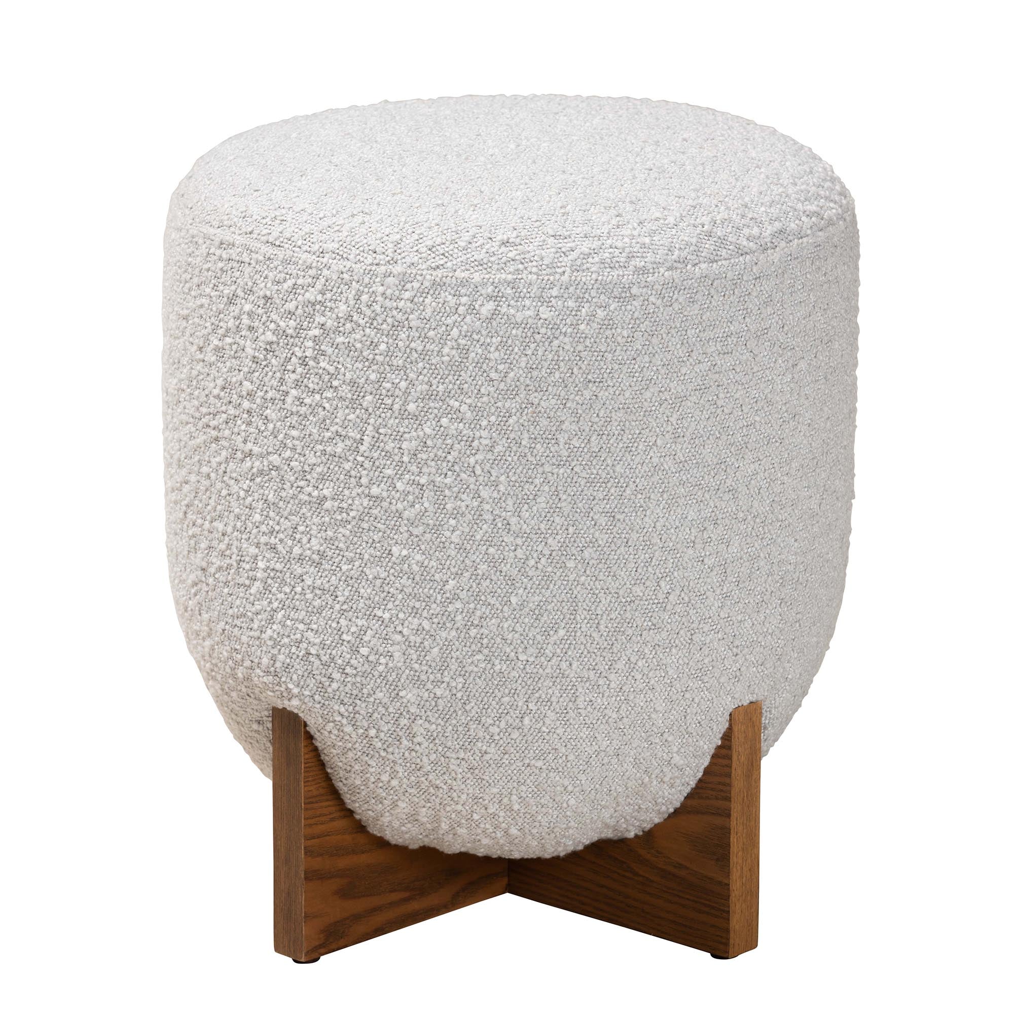 Fisk Japandi Light Grey Boucle Fabric and Walnut Brown Finished Wood Ottoman Footstool