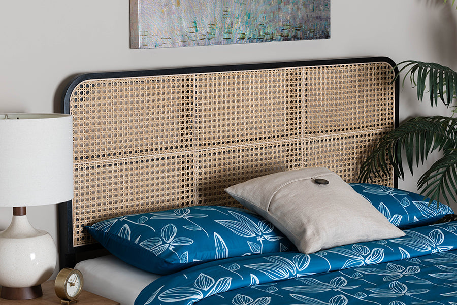 bali & pari Lainer Modern Bohemian Black Finished Bayur Wood and Natural Bamboo Queen Size Headboard