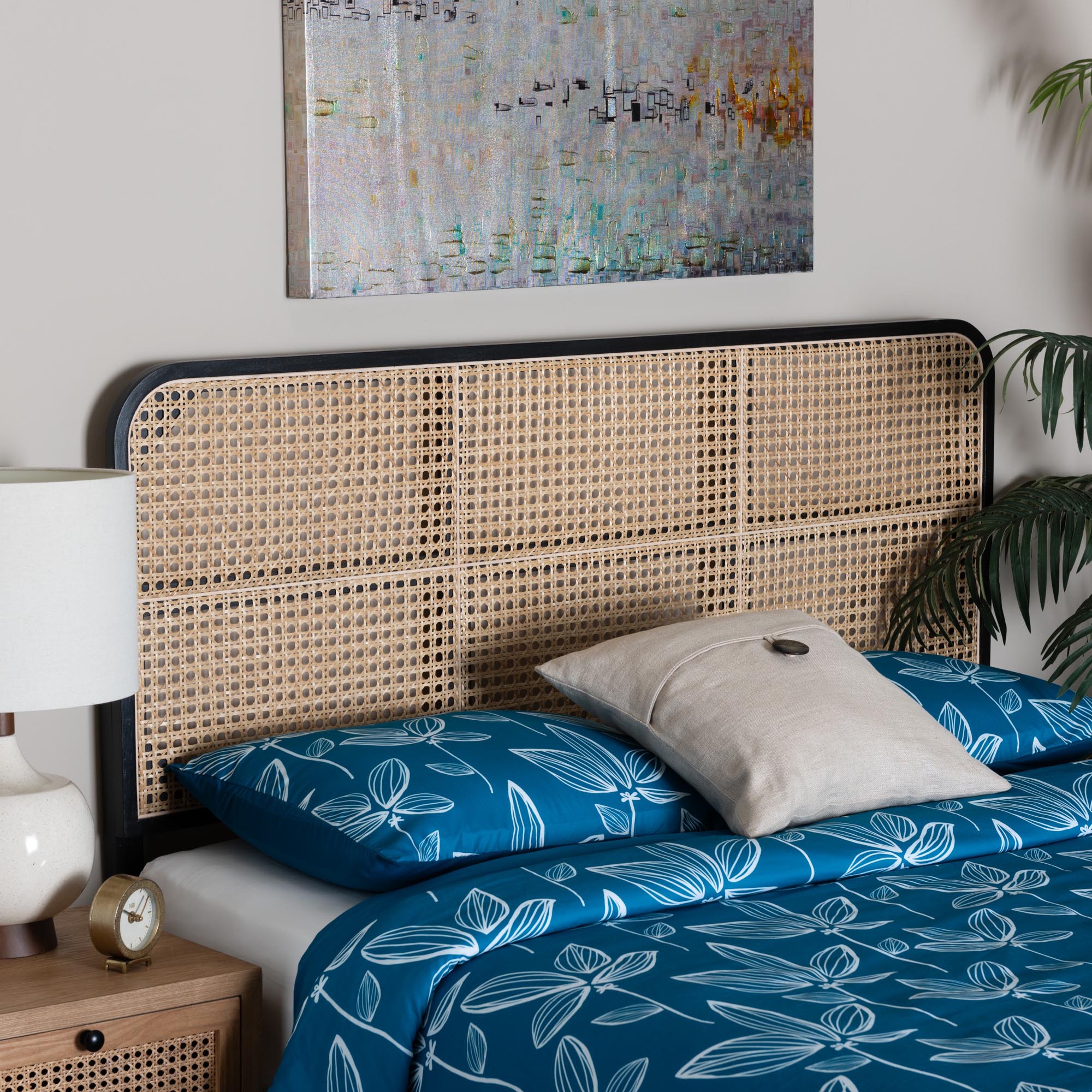 Lainer Modern Bohemian Black Finished Bayur Wood and Natural Bamboo Queen Size Headboard
