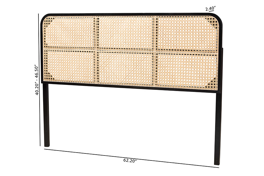 bali & pari Lainer Modern Bohemian Black Finished Bayur Wood and Natural Bamboo Queen Size Headboard