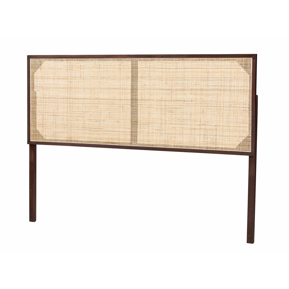 Aurelia Modern Bohemian Dark Brown Finished Bayur Wood and Natural Rattan Queen Size Headboard