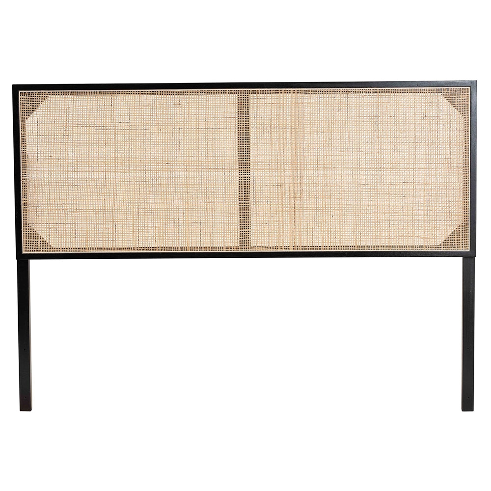 Aurelia Modern Bohemian Black Finished Bayur Wood and Natural Rattan Queen Size Headboard