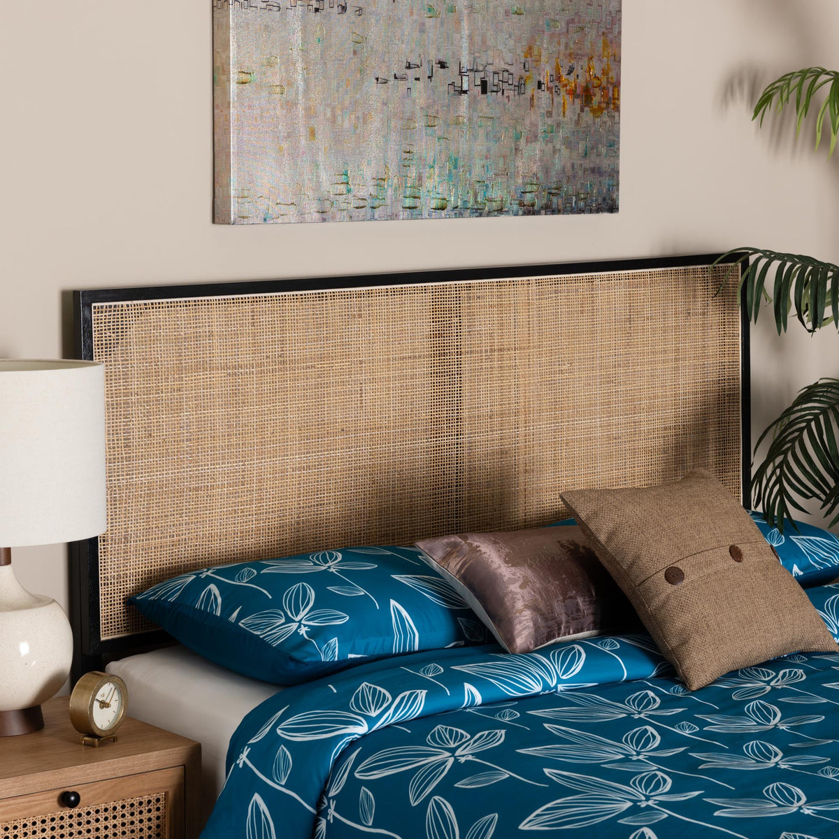 Aurelia Modern Bohemian Black Finished Bayur Wood and Natural Rattan Queen Size Headboard