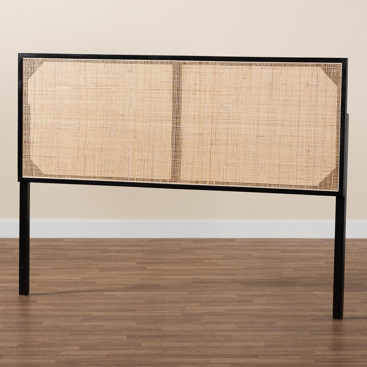 Aurelia Modern Bohemian Black Finished Bayur Wood and Natural Rattan Queen Size Headboard