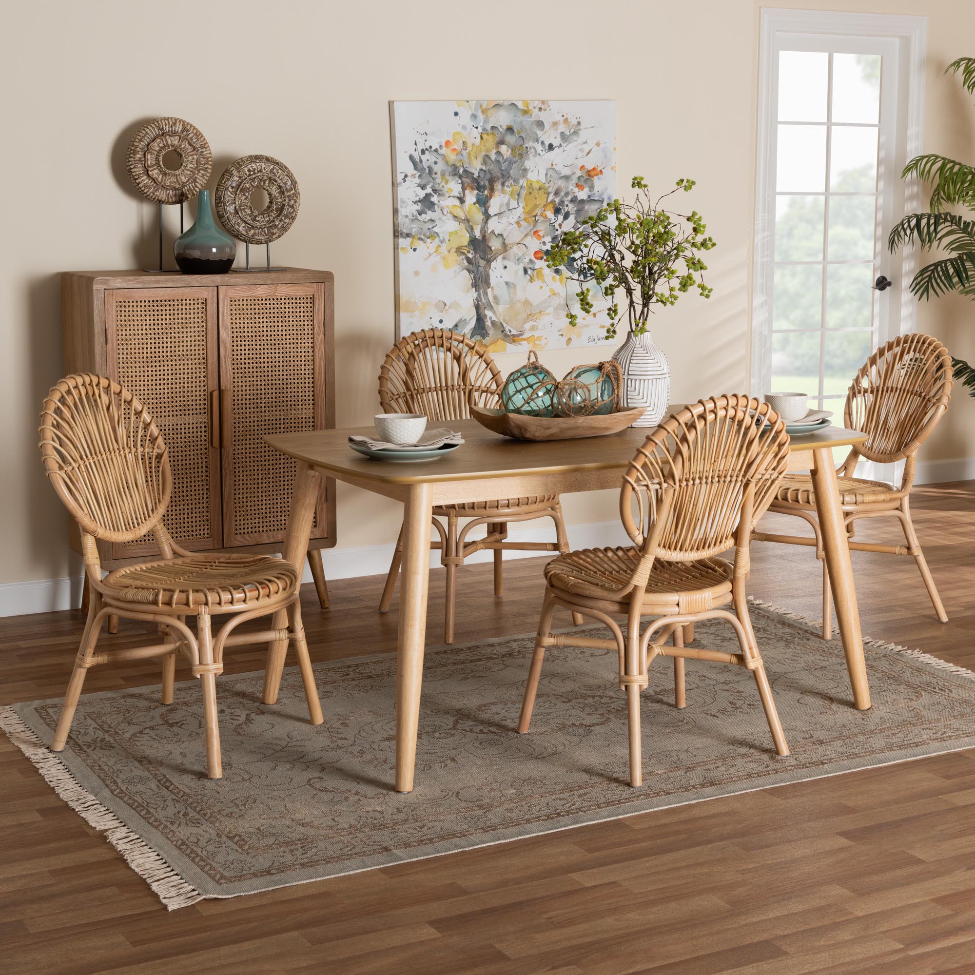 Iris Modern Bohemian Natural Brown Rattan 5-Piece Dining Set