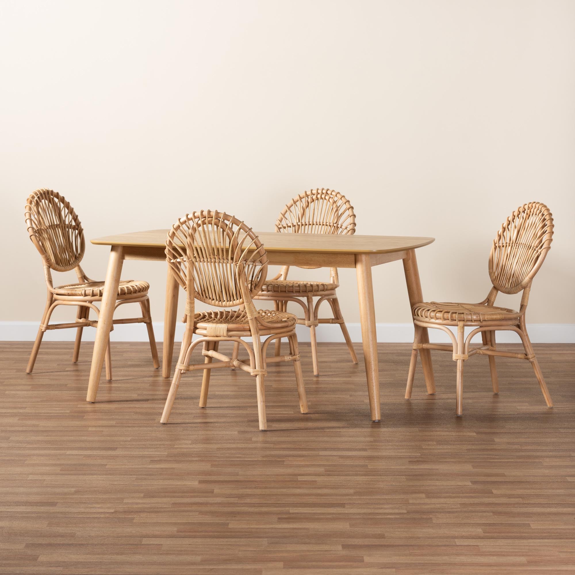 Iris Modern Bohemian Natural Brown Rattan 5-Piece Dining Set