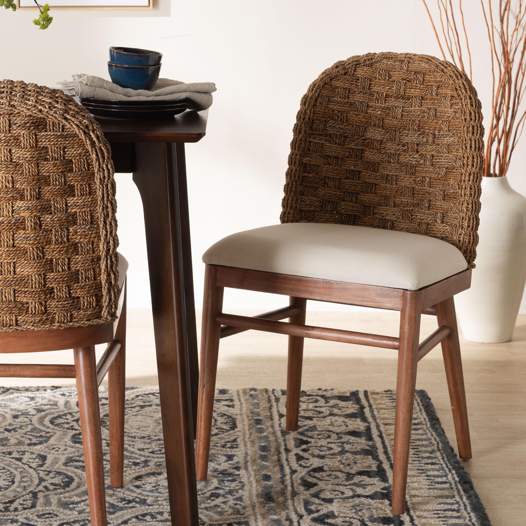 Denver Modern Bohemian Walnut Brown Finished Acacia Wood and Seagrass Dining Chair