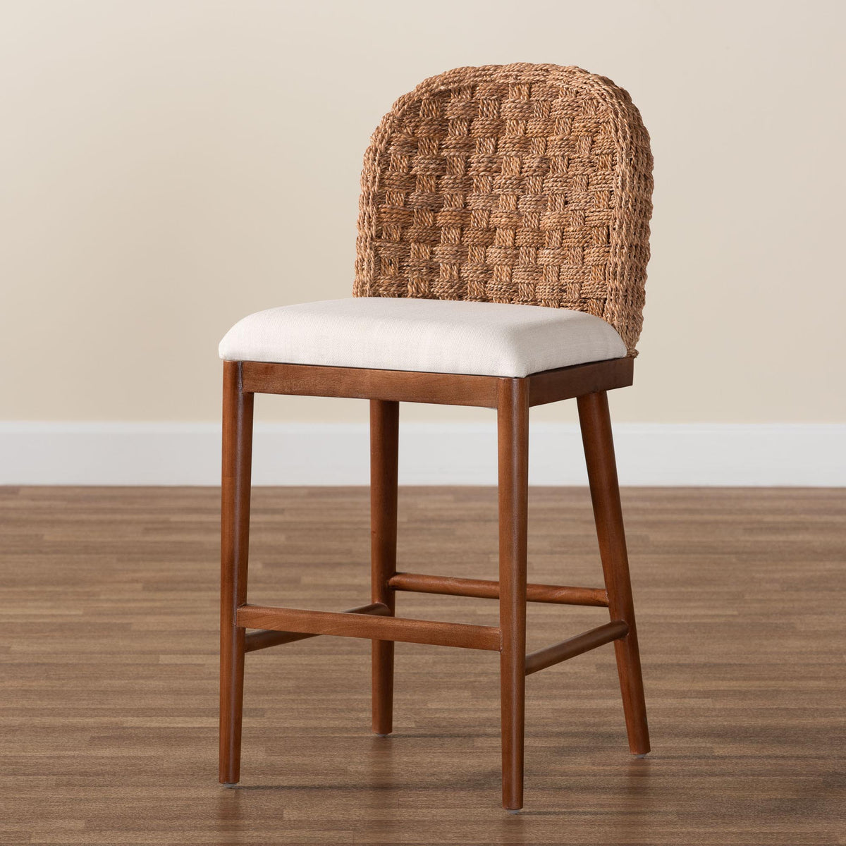 Denver Modern Bohemian Walnut Brown Finished Acacia Wood and Seagrass Counter Stool