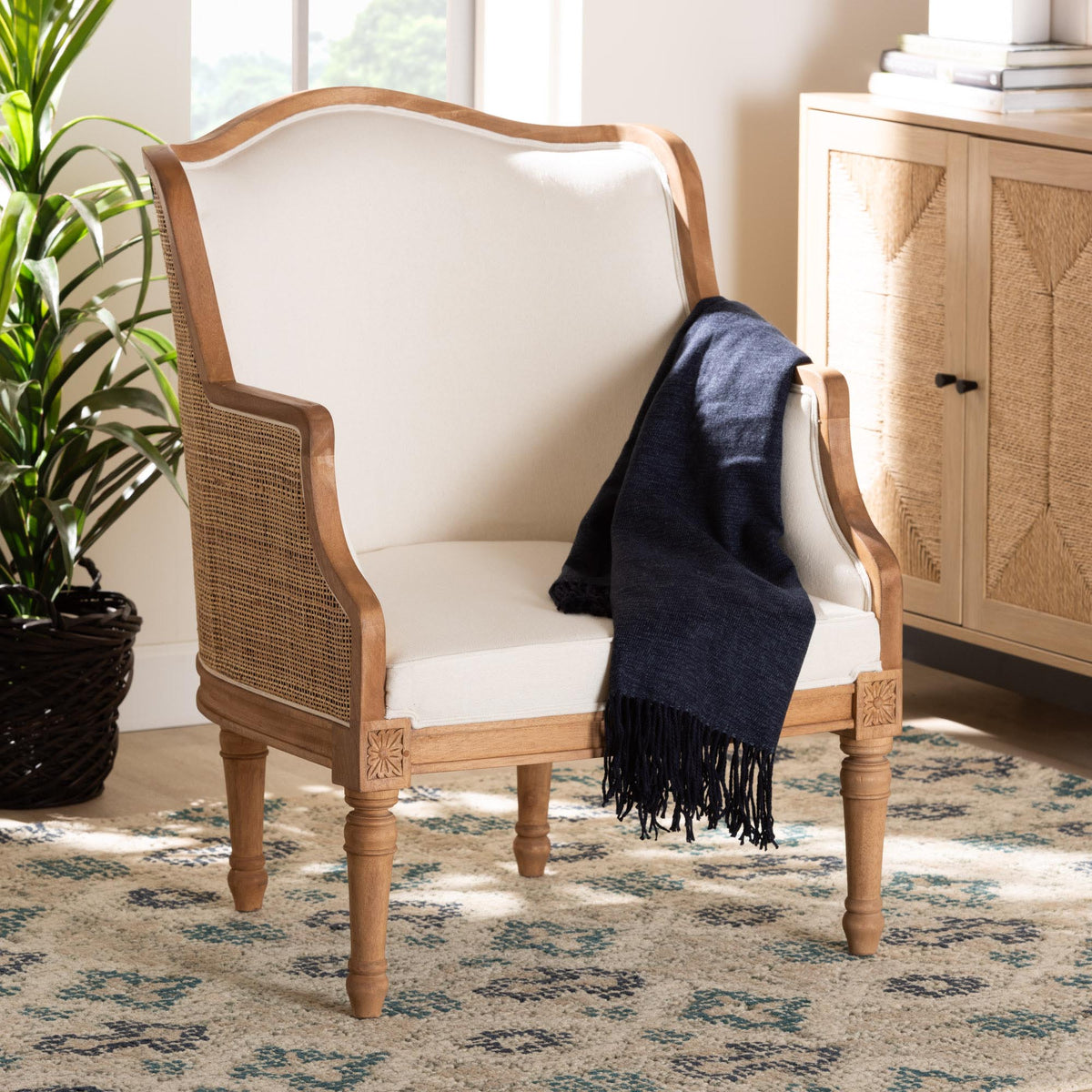 Elizette Traditional French Beige Fabric and Honey Oak Finished Wood Accent Chair