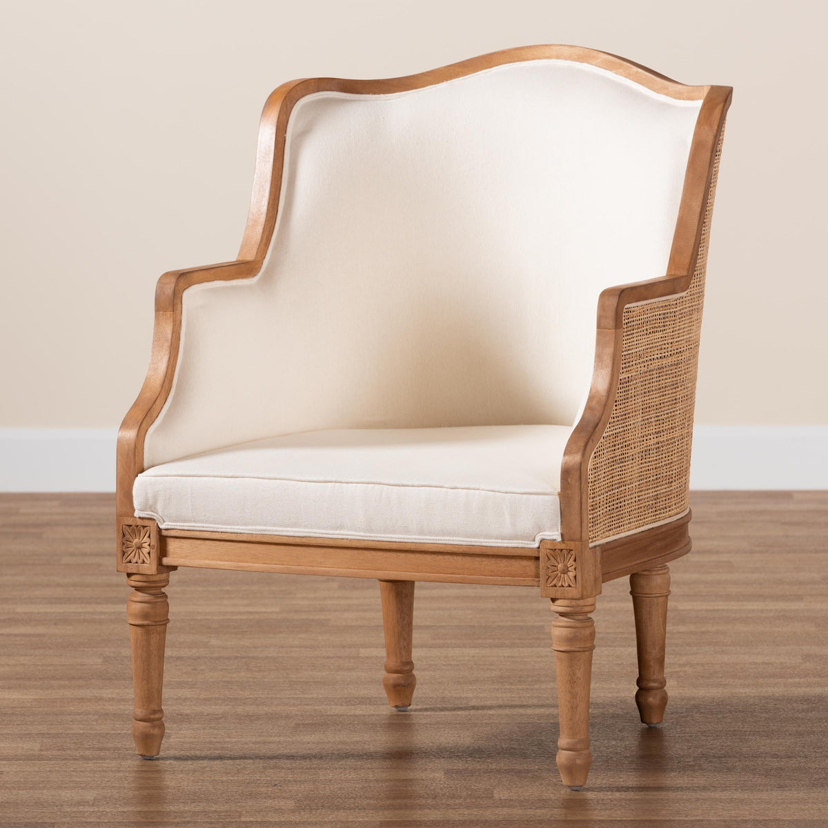 Elizette Traditional French Beige Fabric and Honey Oak Finished Wood Accent Chair