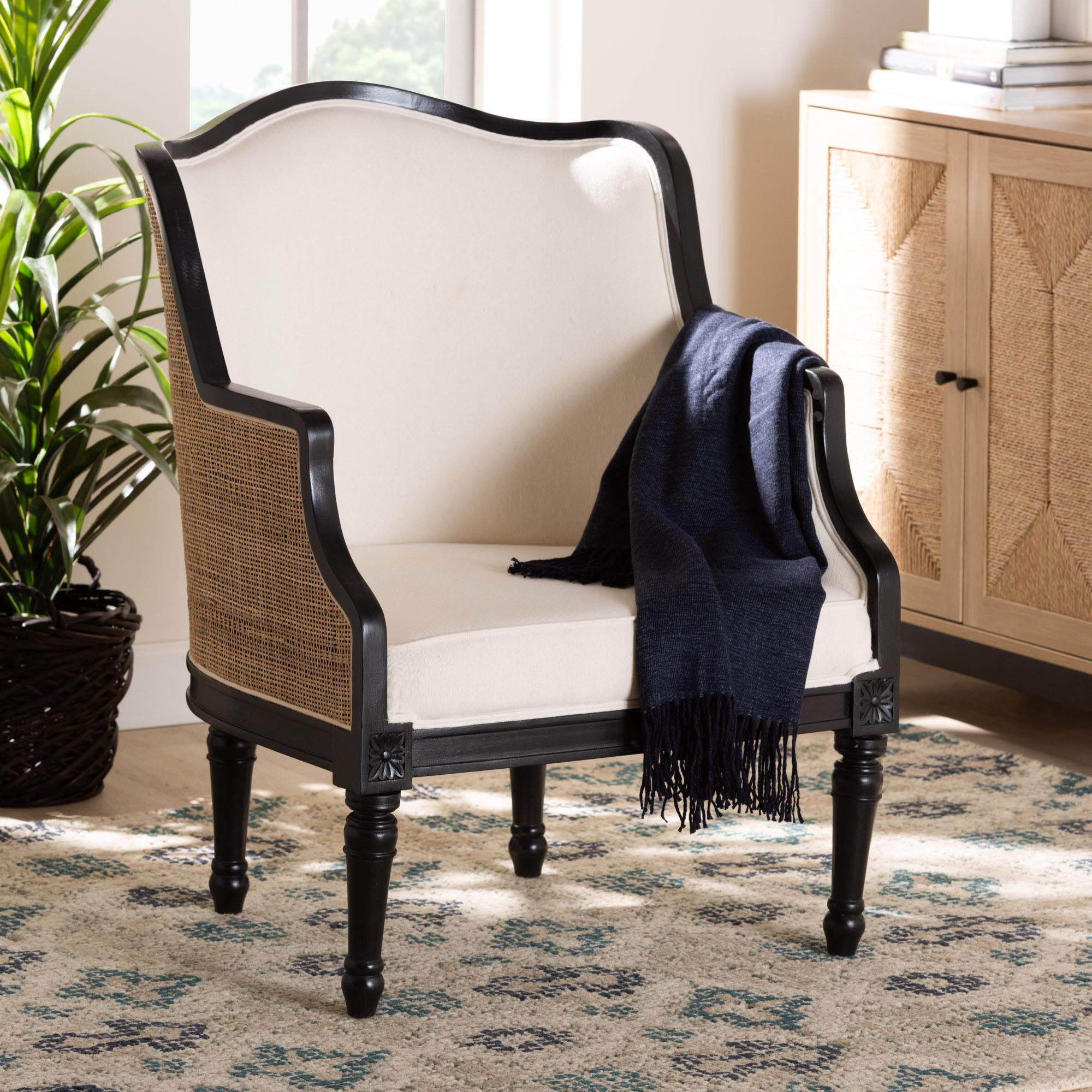 Elizette Traditional French Beige Fabric and Black Finished Wood Accent Chair