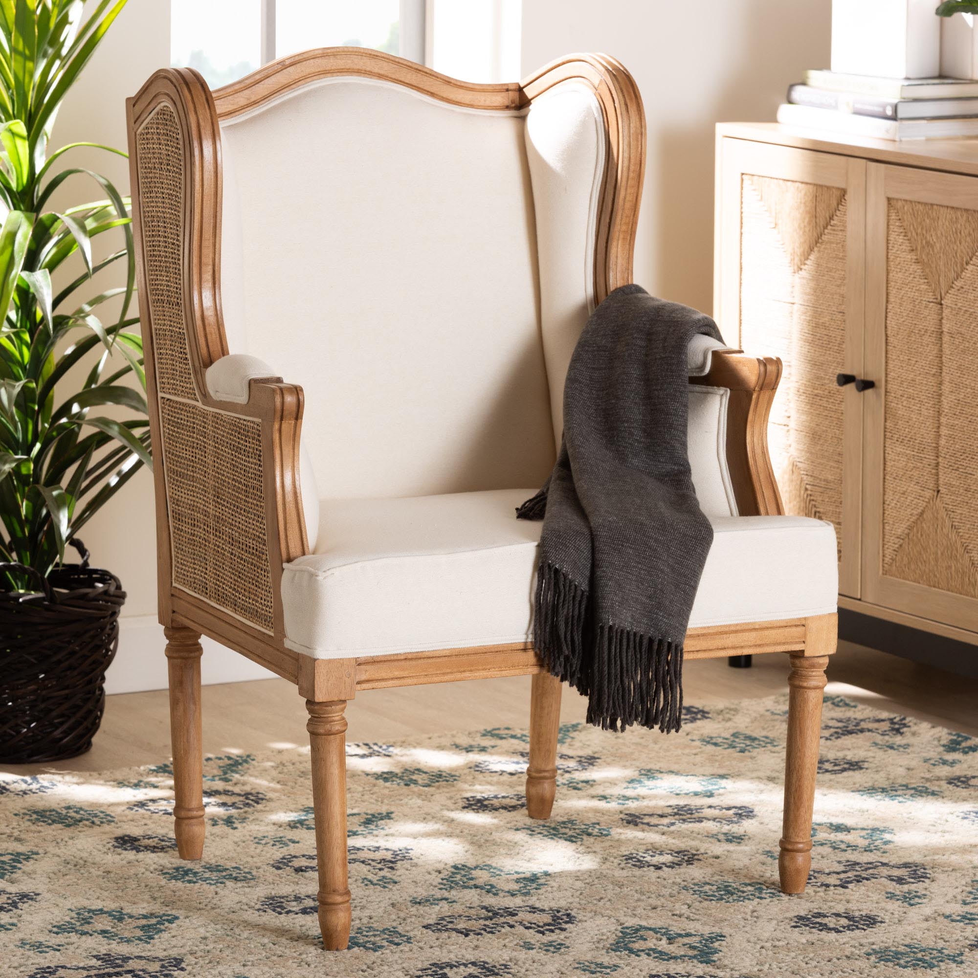 bali & pari Rachana Traditional French Beige Fabric and Honey Oak Finished Wood Accent Chair