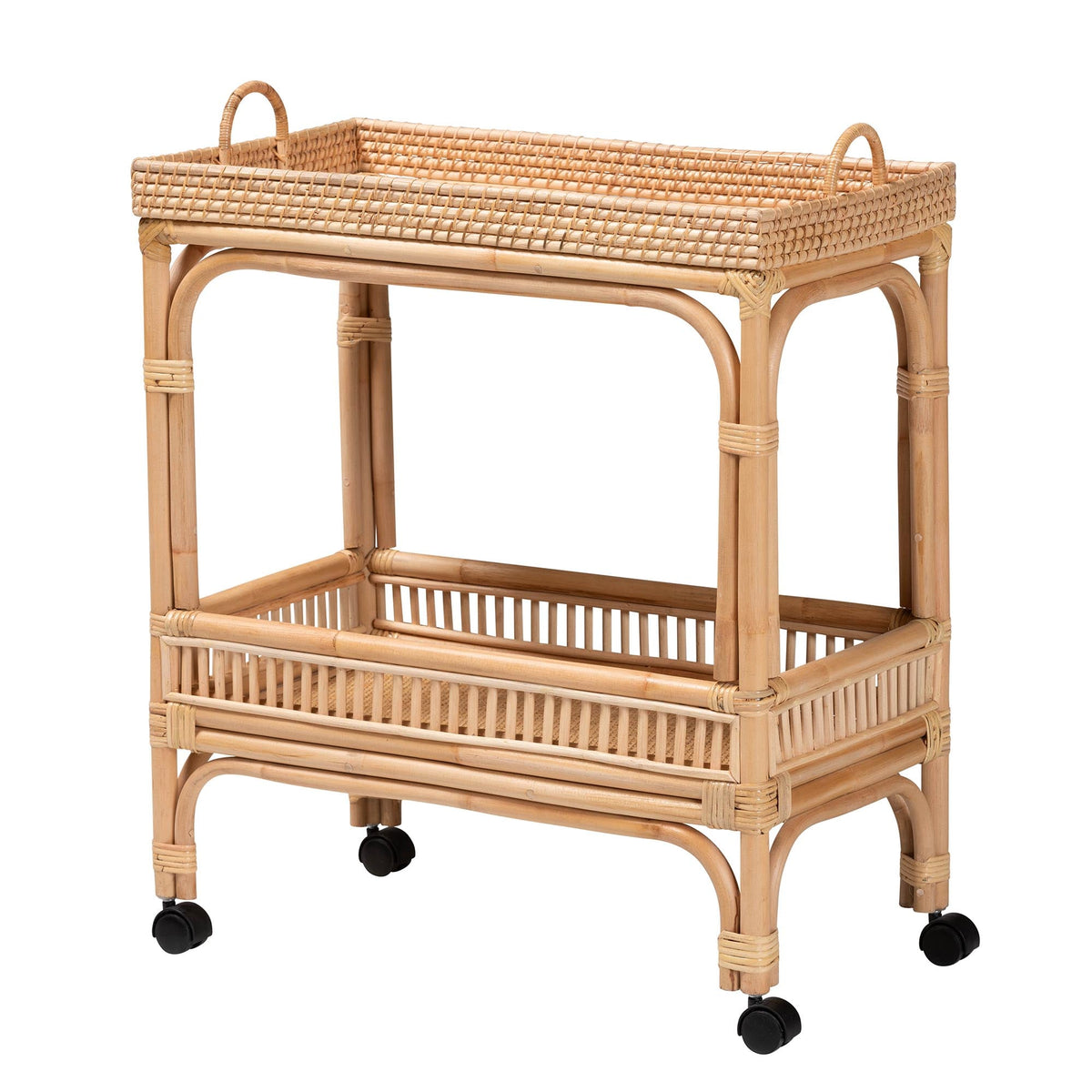 Lombok Modern Bohemian Natural Brown Rattan Wine Cart