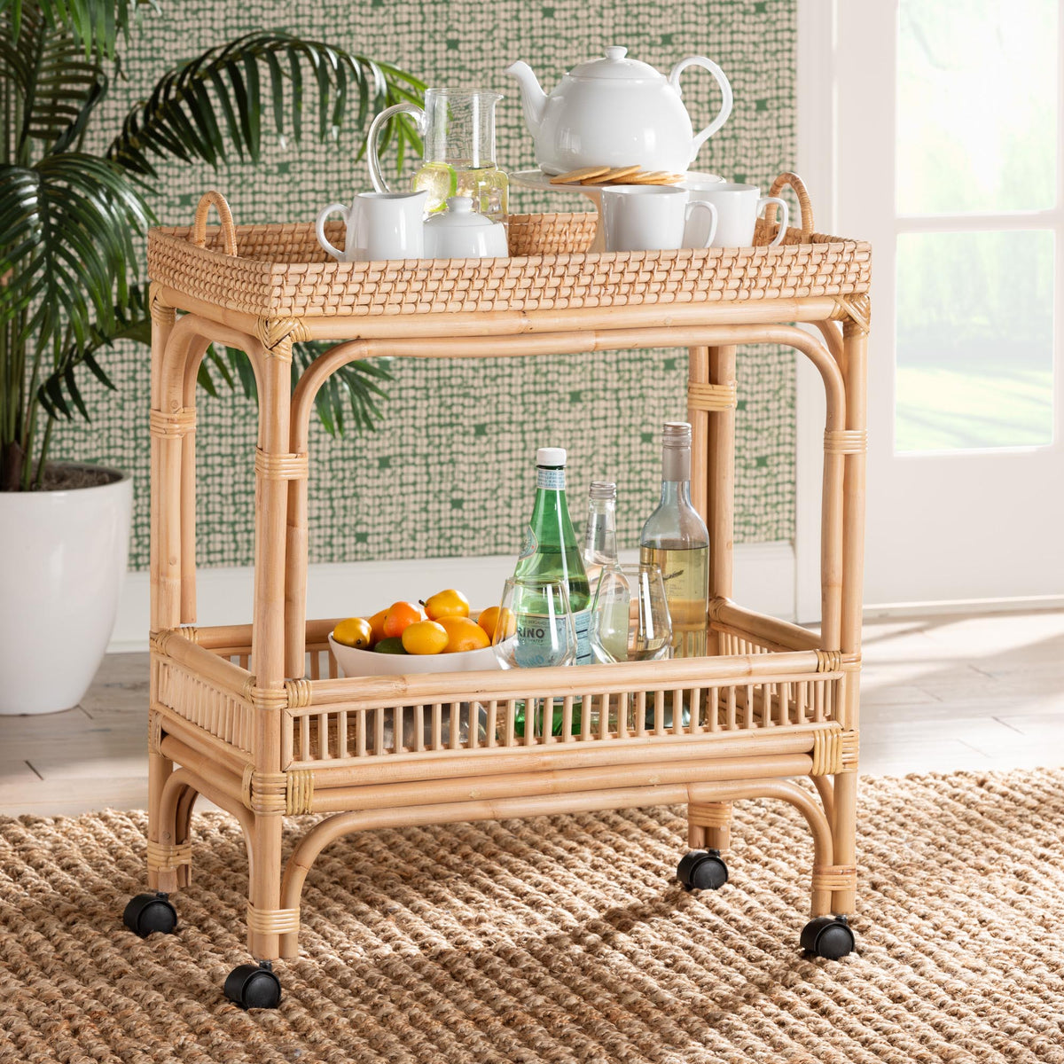 Lombok Modern Bohemian Natural Brown Rattan Wine Cart