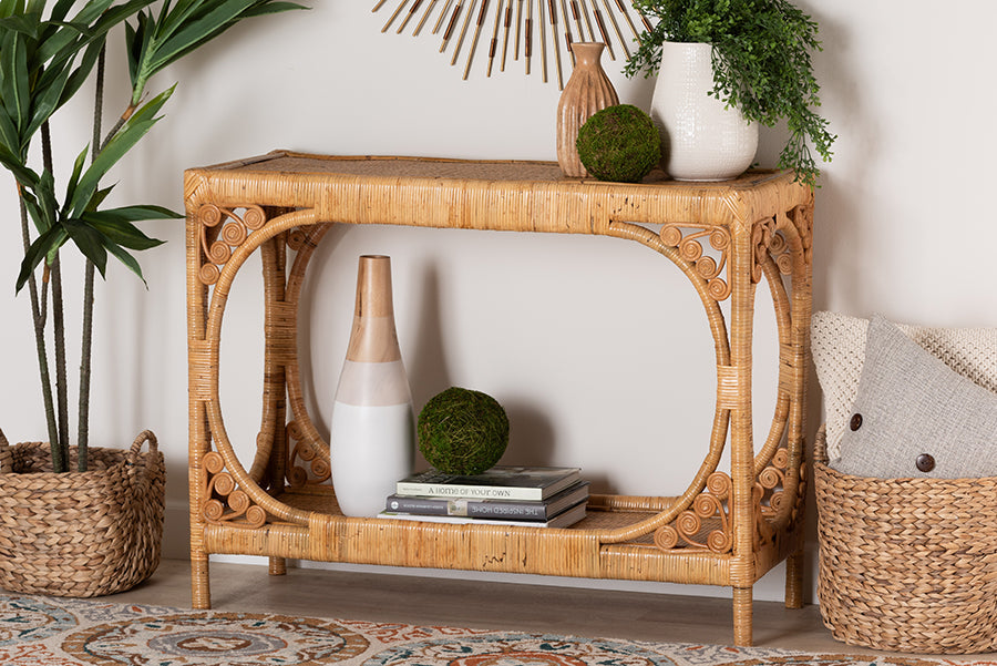 bali & pari Ramona Modern Bohemian Light Honey Rattan Console Table