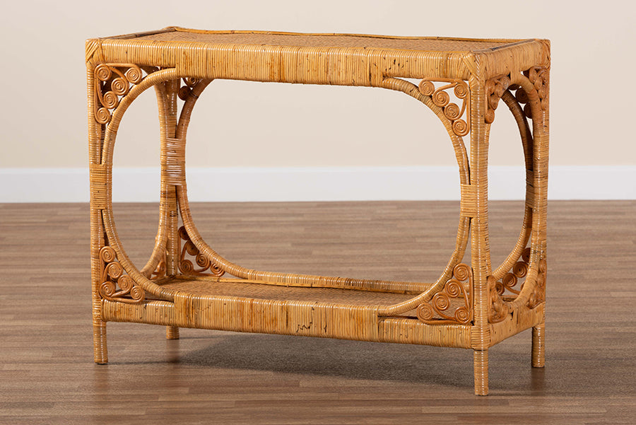 bali & pari Ramona Modern Bohemian Light Honey Rattan Console Table