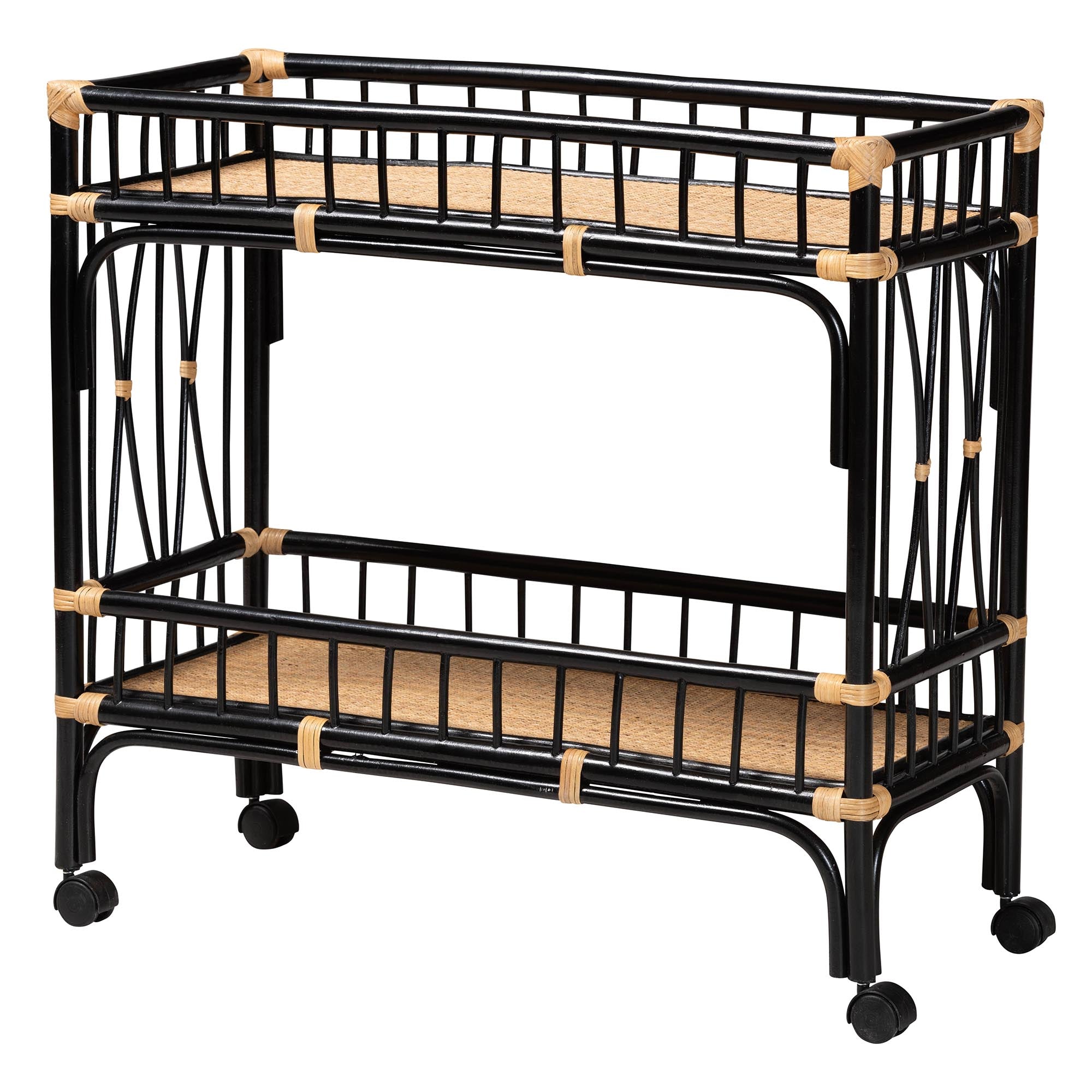 Dalinda Modern Bohemian Two-Tone Black and Natural Brown Rattan 2-Tier Kitchen Cart