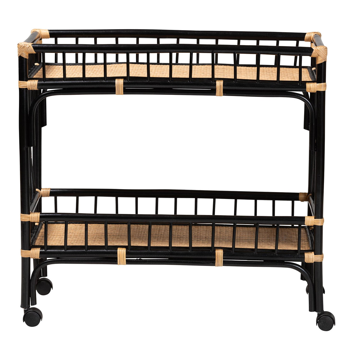 Dalinda Modern Bohemian Two-Tone Black and Natural Brown Rattan 2-Tier Kitchen Cart