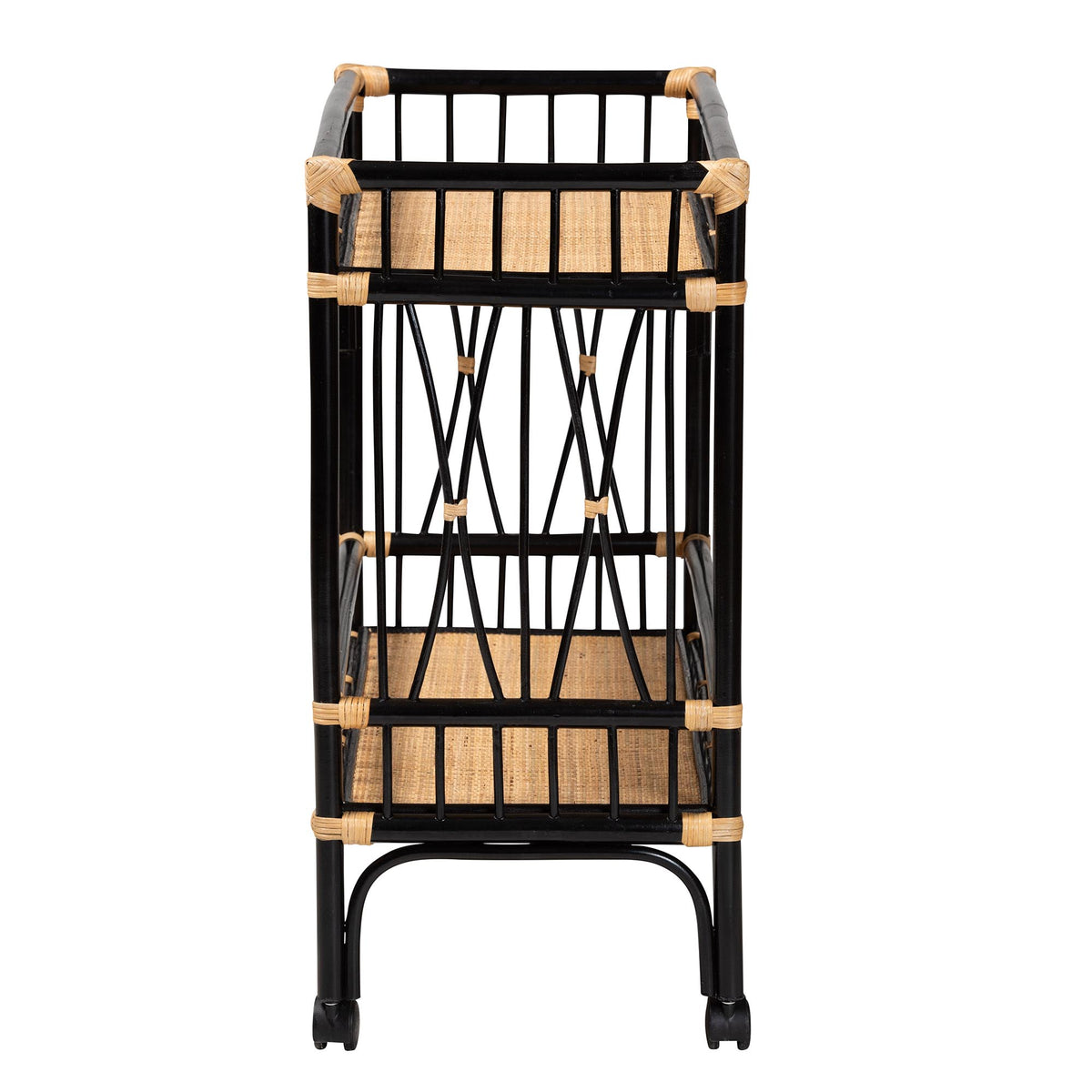 Dalinda Modern Bohemian Two-Tone Black and Natural Brown Rattan 2-Tier Kitchen Cart