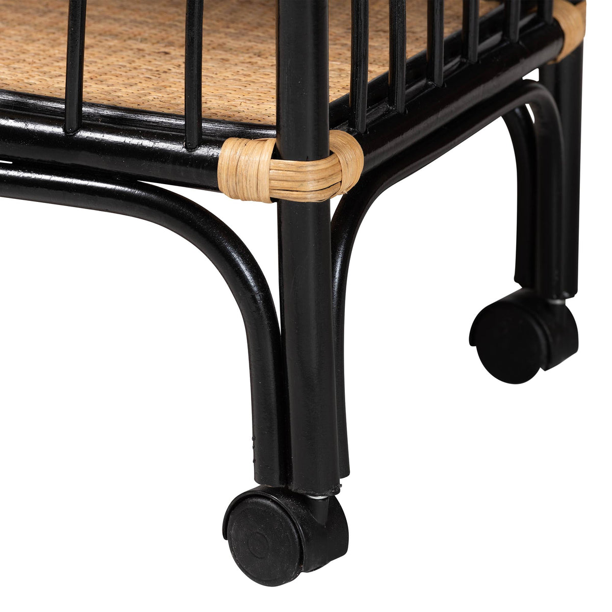 Dalinda Modern Bohemian Two-Tone Black and Natural Brown Rattan 2-Tier Kitchen Cart
