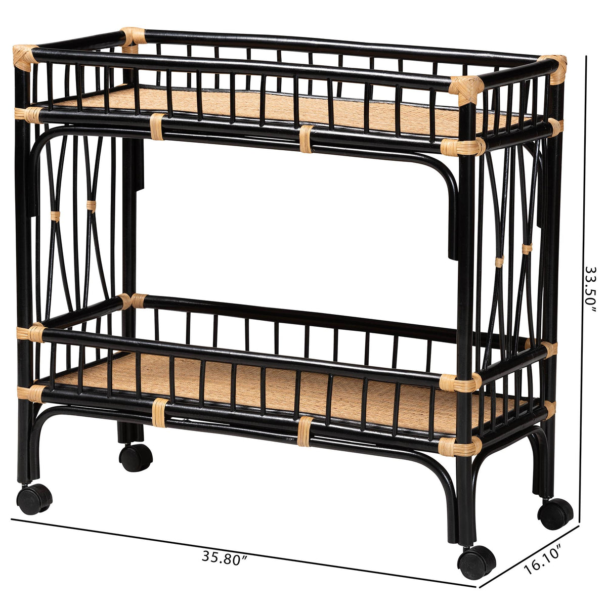 Dalinda Modern Bohemian Two-Tone Black and Natural Brown Rattan 2-Tier Kitchen Cart