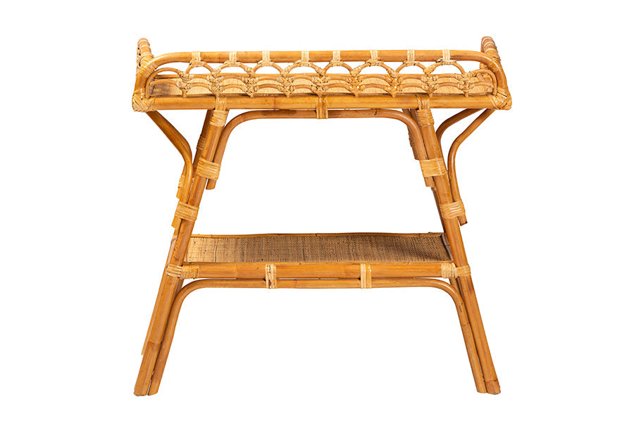 Nayana Modern Bohemian Natural Rattan 2-Tier Console Table