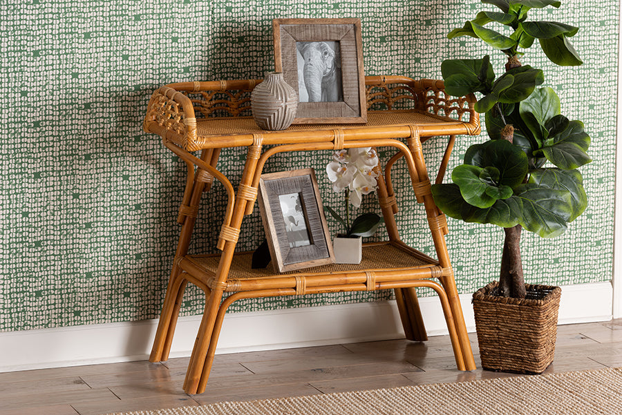 Nayana Modern Bohemian Natural Rattan 2-Tier Console Table