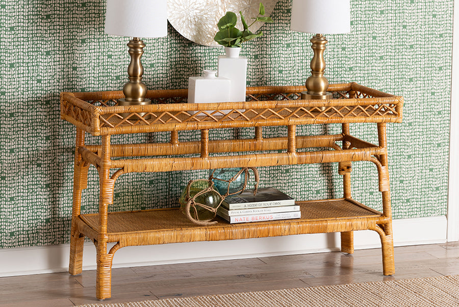 Savitri Modern Bohemian Natural Rattan 2-Tier Console Table