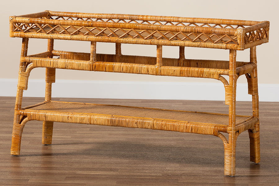 Savitri Modern Bohemian Natural Rattan 2-Tier Console Table