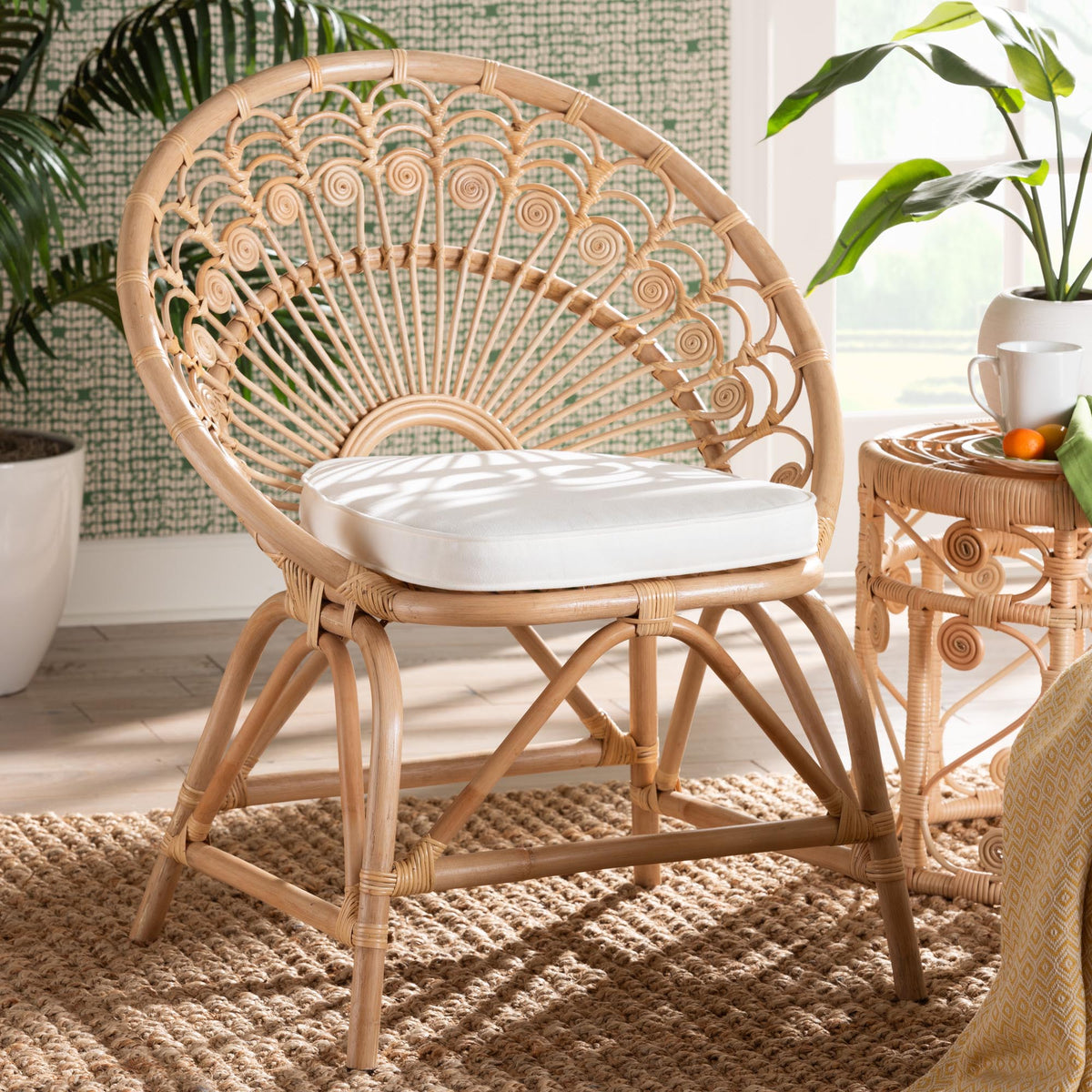 bali & pari Abriella Modern Bohemian Natural Brown Rattan Peacock Accent Chair
