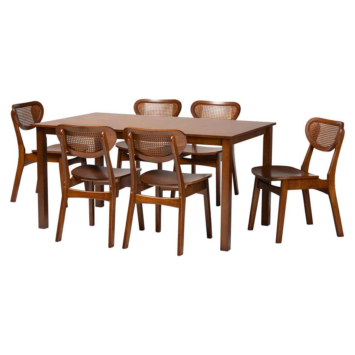 Jeriah Mid-Century Modern Walnut Brown Finished Wood and Woven Rattan 7-Piece Dining Set