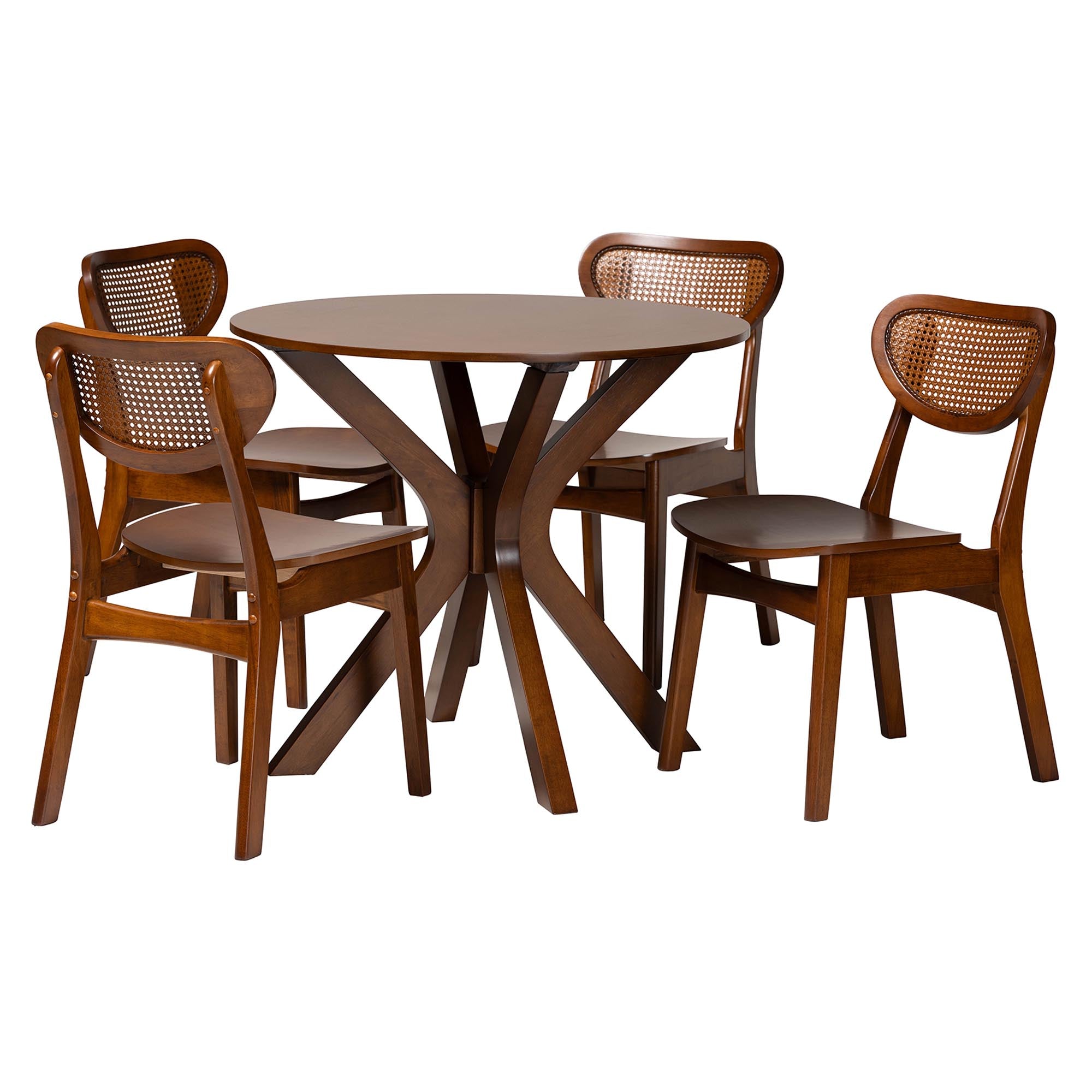 Giuliana Mid-Century Modern Walnut Brown Finished Wood and Woven Rattan 5-Piece Dining Set