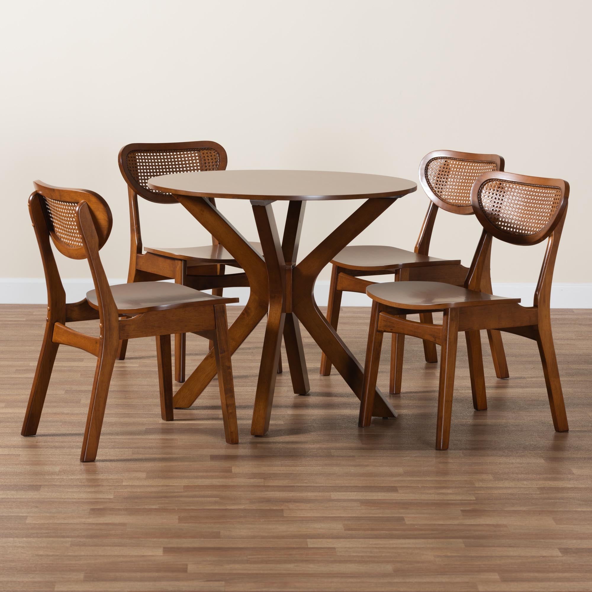 Giuliana Mid-Century Modern Walnut Brown Finished Wood and Woven Rattan 5-Piece Dining Set