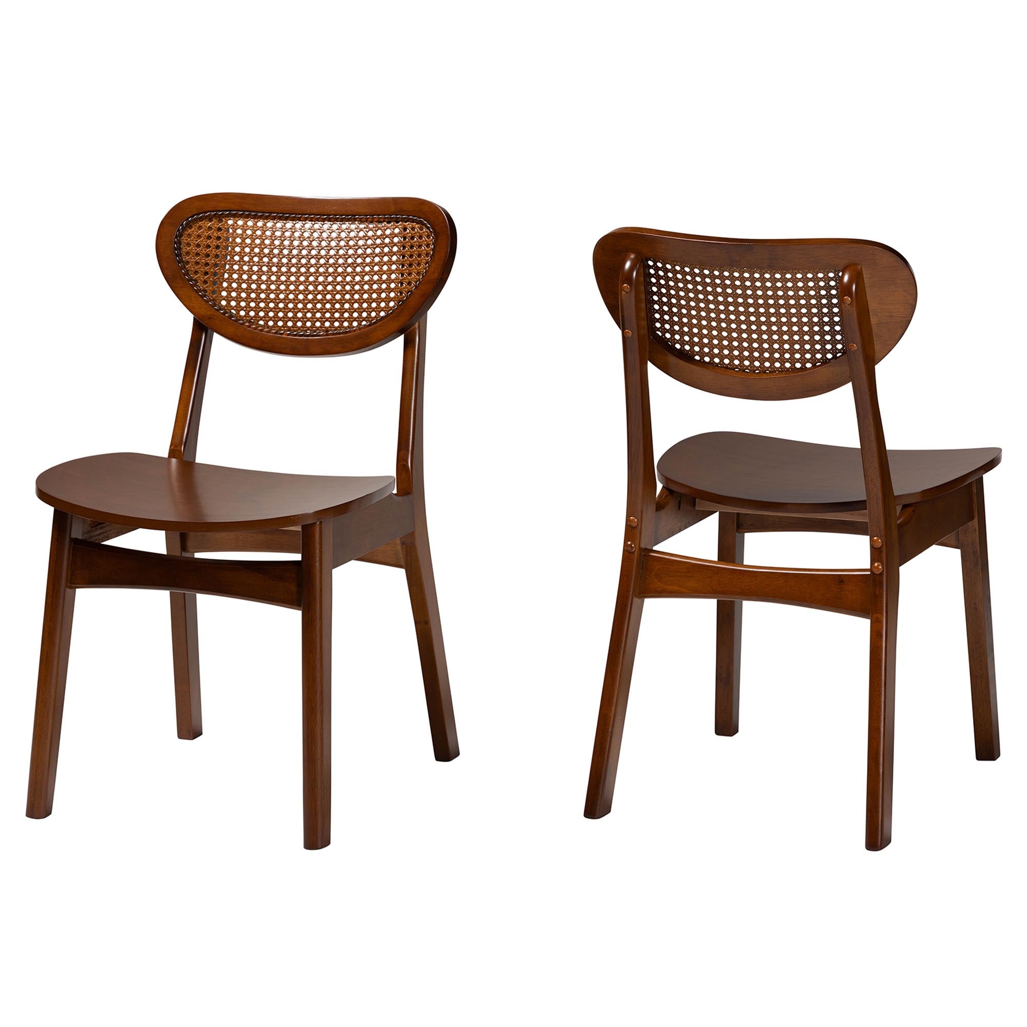 Hesper Mid-Century Modern Walnut Brown Finished Wood and Rattan 2-Piece Dining Chair Set