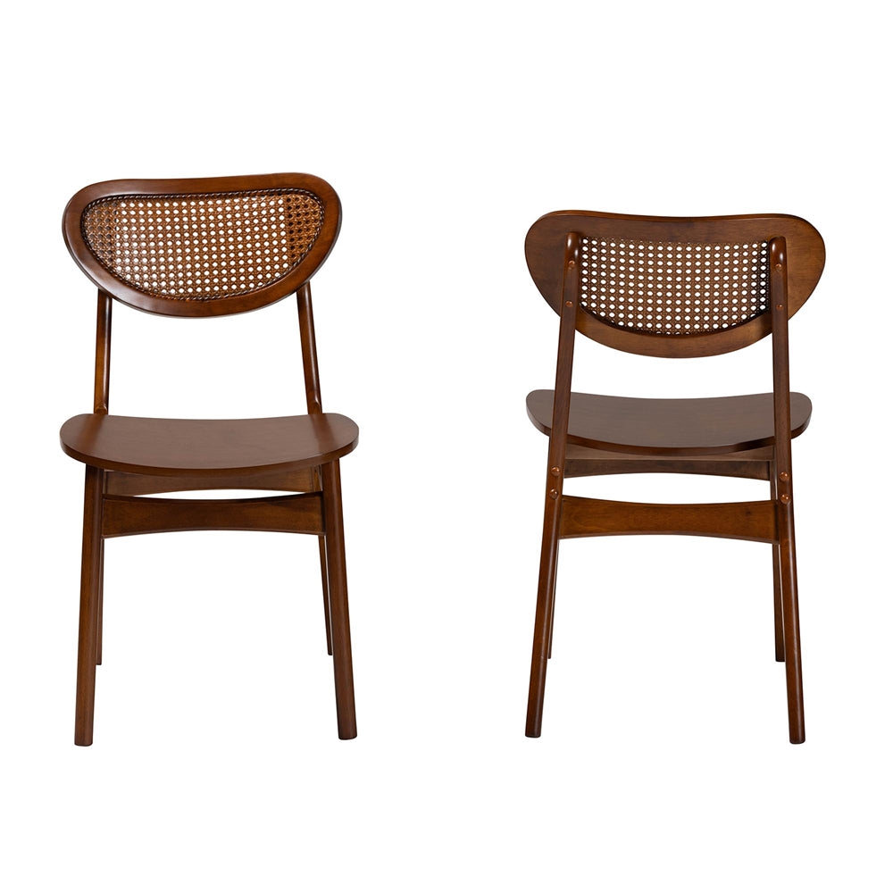 Hesper Mid-Century Modern Walnut Brown Finished Wood and Rattan 2-Piece Dining Chair Set